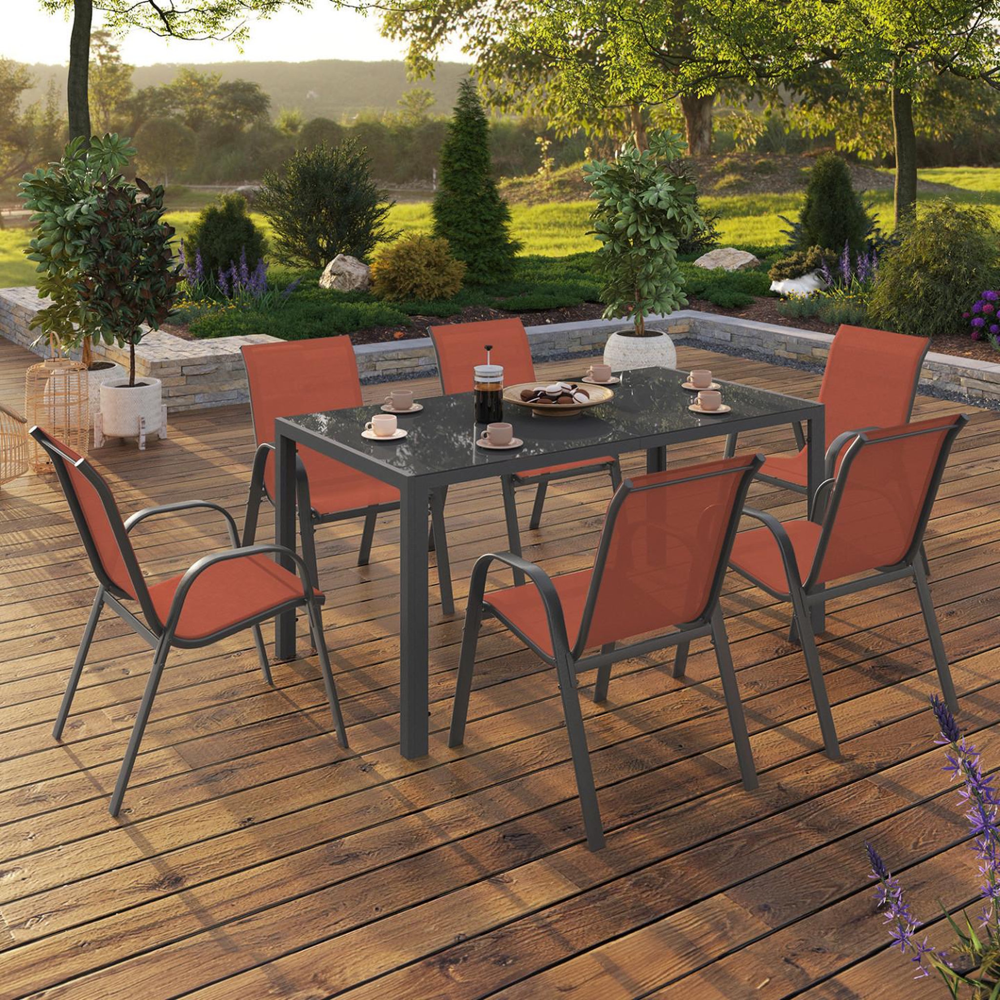 Voir la diapositive 2 : ID MARKET Salon de jardin madrid table 150 cm et 6 chaises empilables terracotta et gris