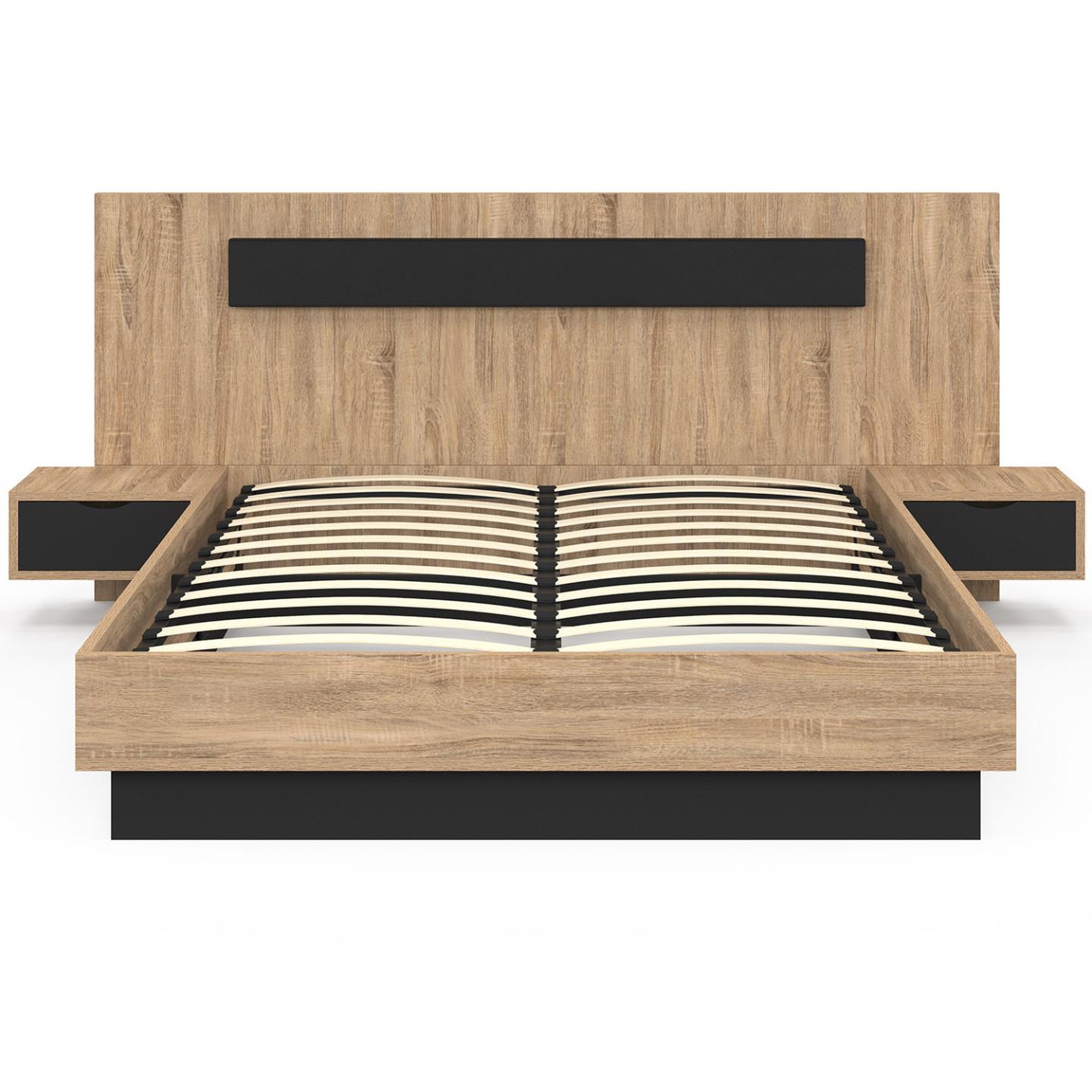 Voir la diapositive 3 : ID MARKET Lit coffre double santa avec tête de lit + tables de chevets intégrées et sommier 140 x 190 cm bois et noir