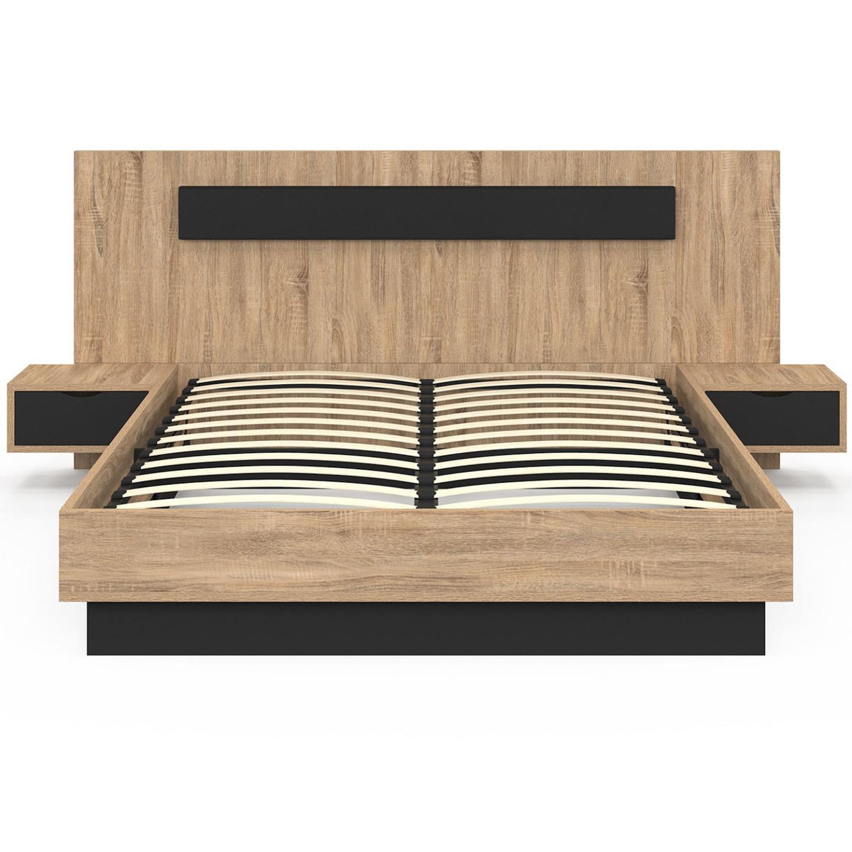 ID MARKET Lit coffre double SANTA avec tête de lit + tables de chevets intégrées et sommier 140 x 190 cm bois et noir