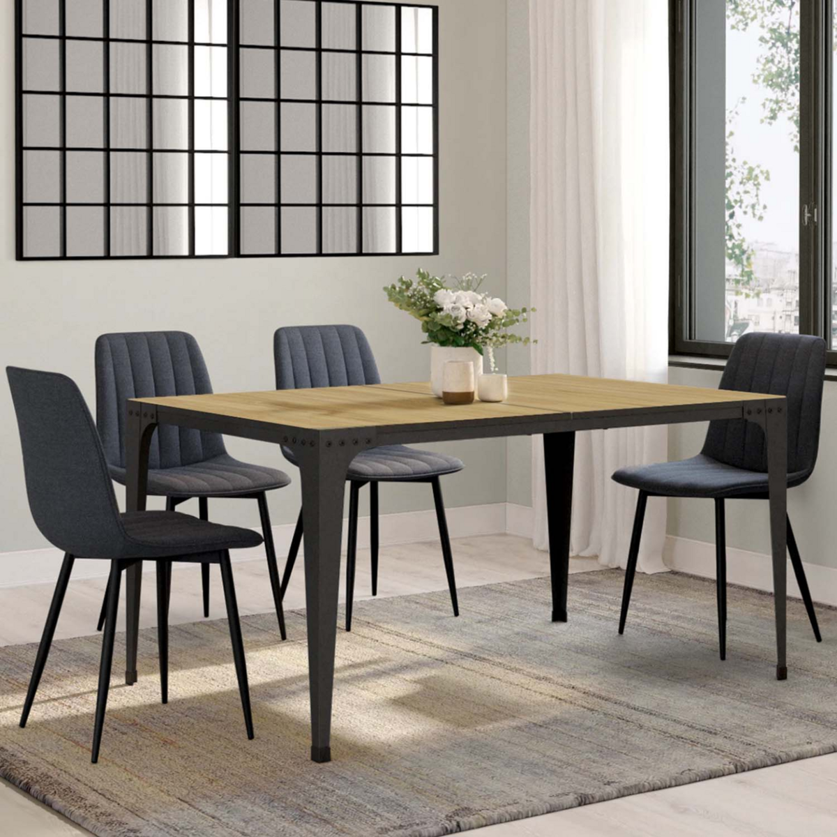 ID MARKET Table à manger rectangle NELLY 8 personnes bois et noir design industriel 150 cm