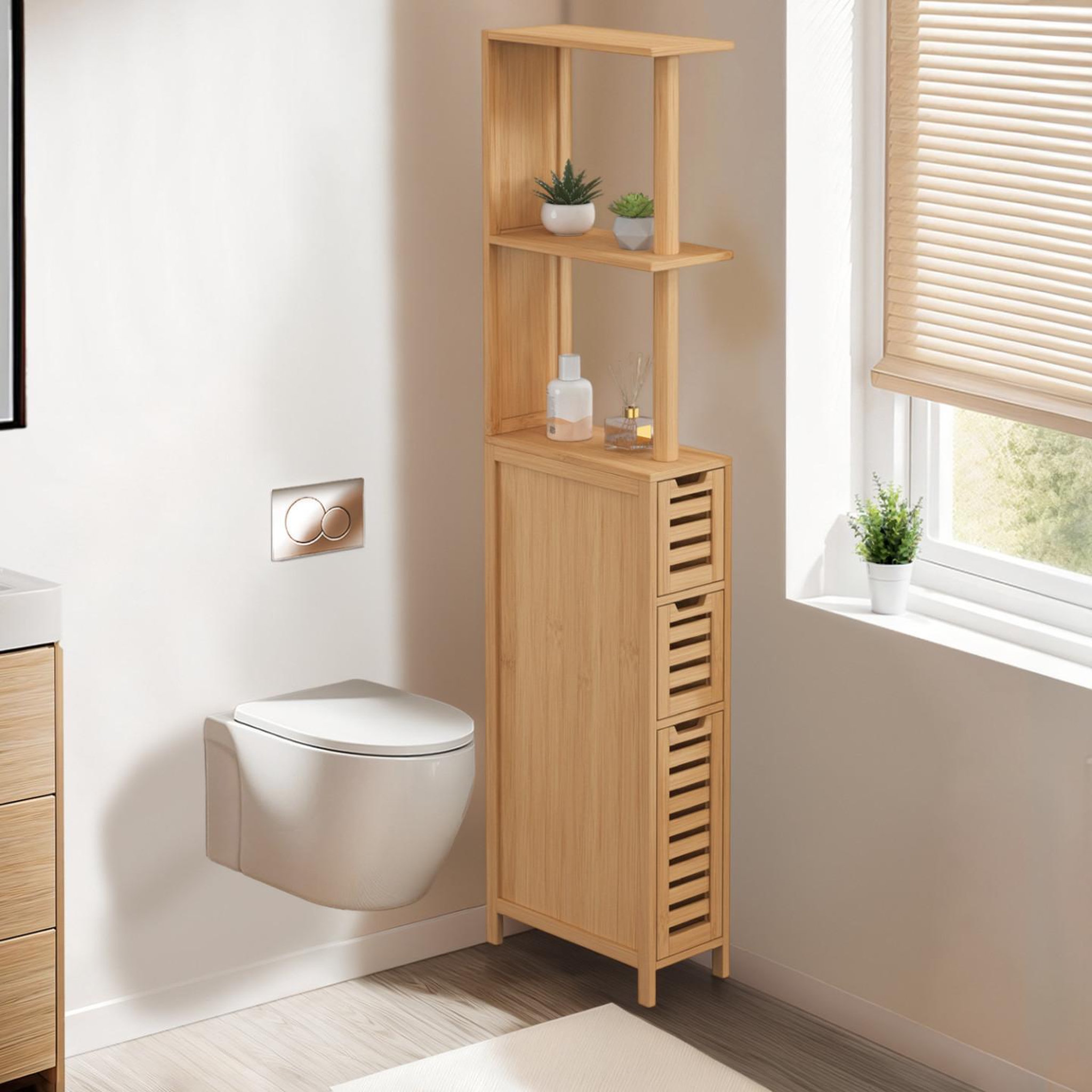 Voir la diapositive 2 : ID MARKET Meuble wc 1 porte 2 tiroirs bambou bea avec étagères