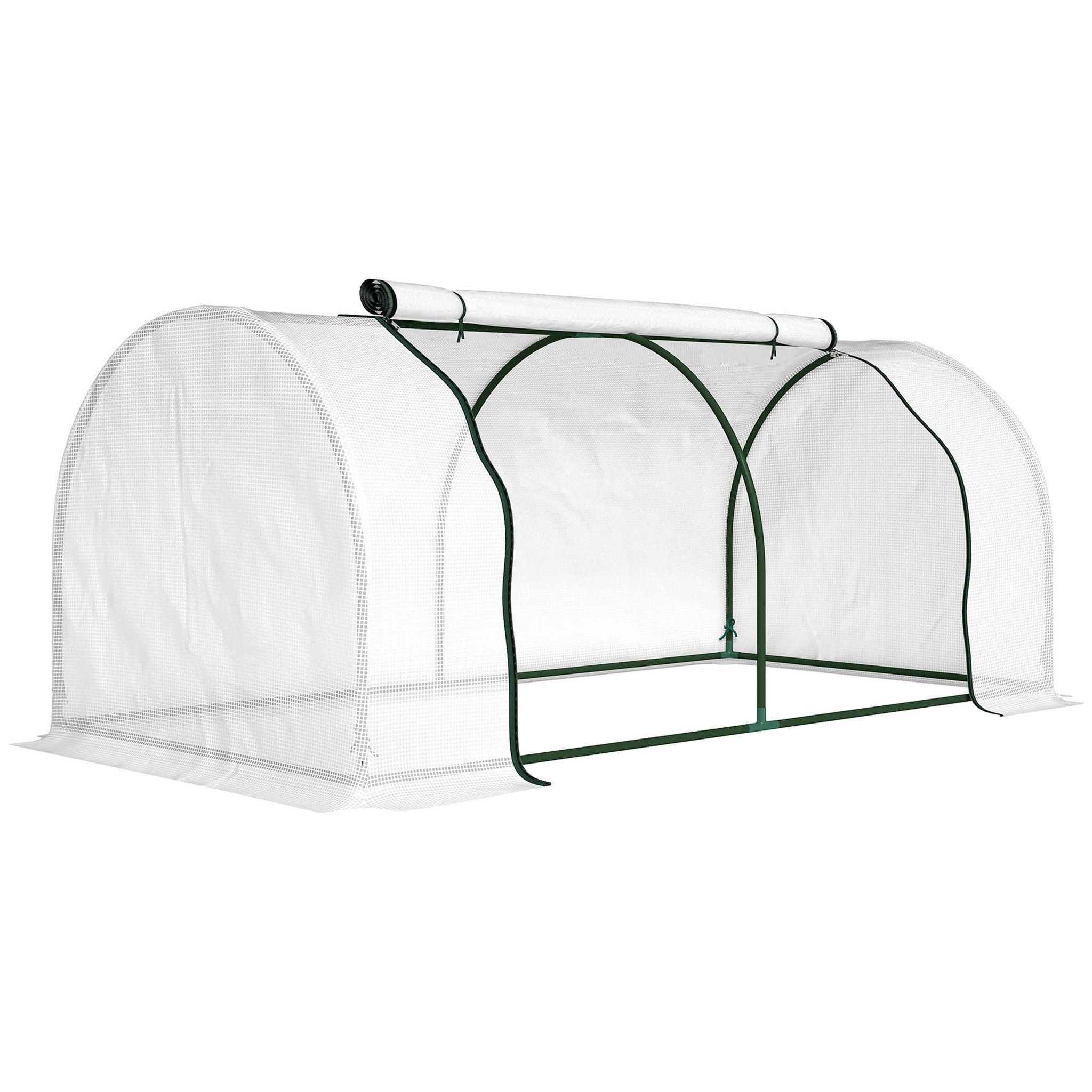 OUTSUNNY Serre tunnel porte zippée enroulable bâche imperméable acier blanc