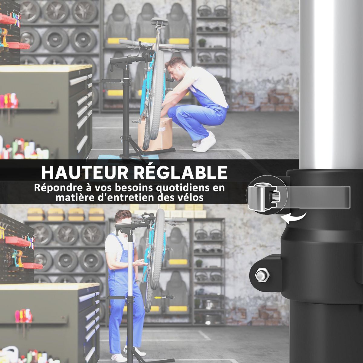 HOMCOM Pied d'atelier vélo pliable réglable avec plateau outil - pince pivotante 360° - charge max. 40 Kg - noir