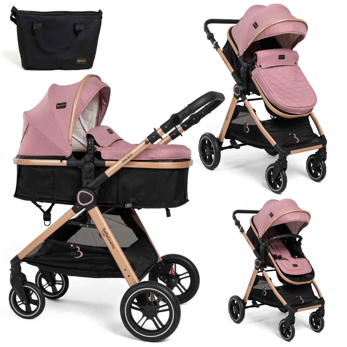 BEBELISSIMO Bebelissimo - Poussette transformable - combinée - convertible - 2 en 1 - poids 0-22kg - Nicea - rose