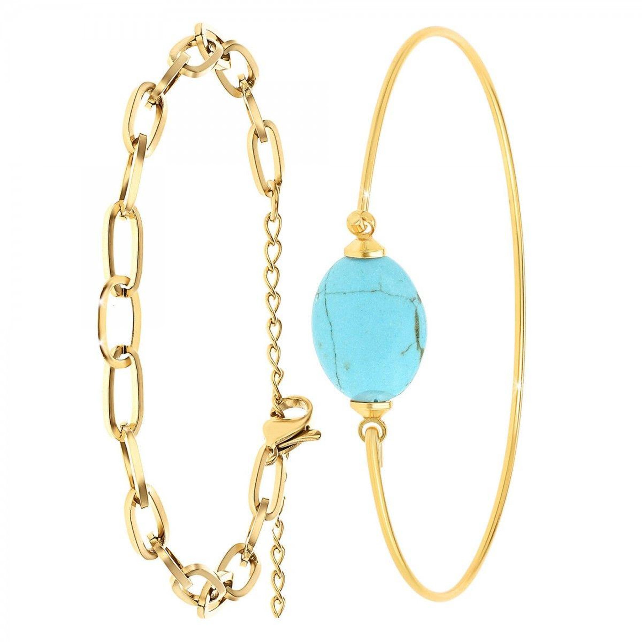 SC BOHEME Lot de 2 bracelets SC Bohème en Laiton Finement doré orné d'une pierre naturelle Turquoise