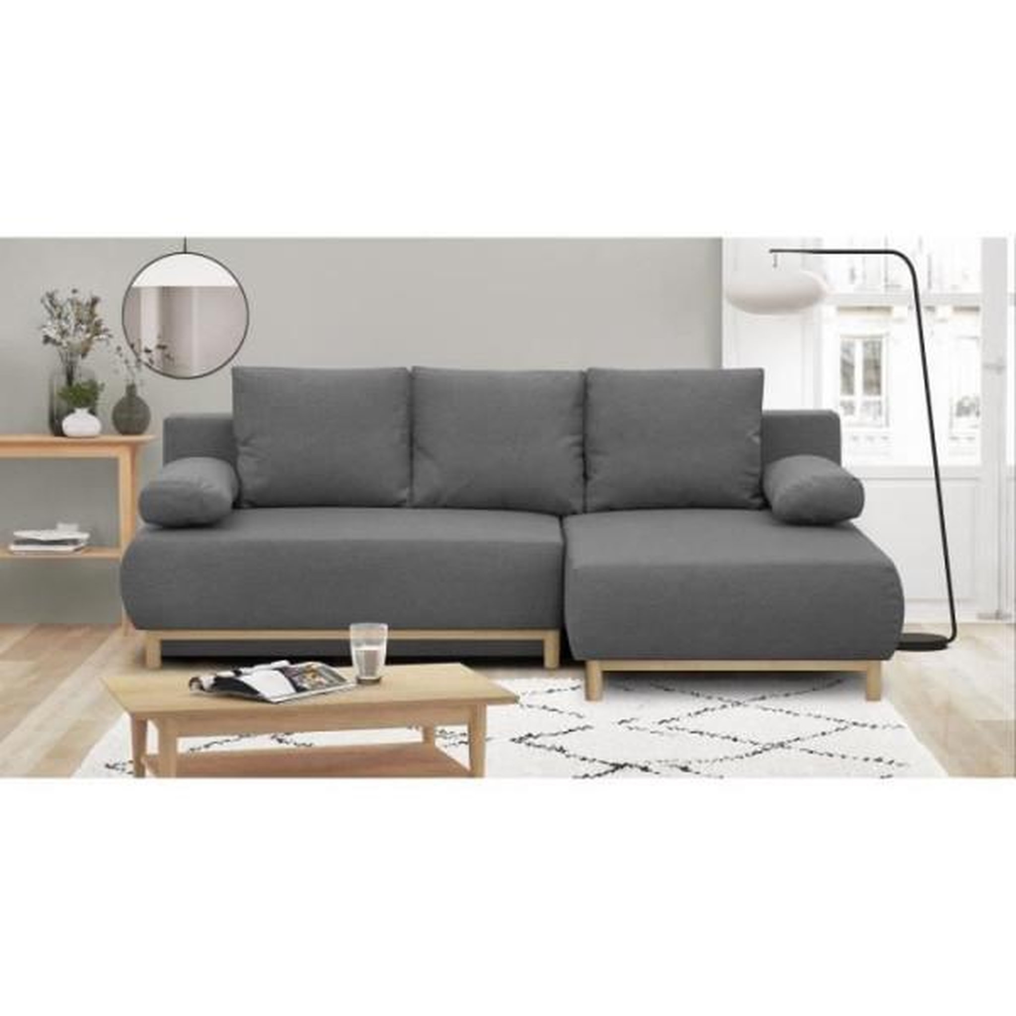 Voir la diapositive 2 : MARKET24 Canapé d'angle droit convertible MIKA 3 places - Tissu gris clair - Coffre de rangement - L218 x P98/145 x H84 cm