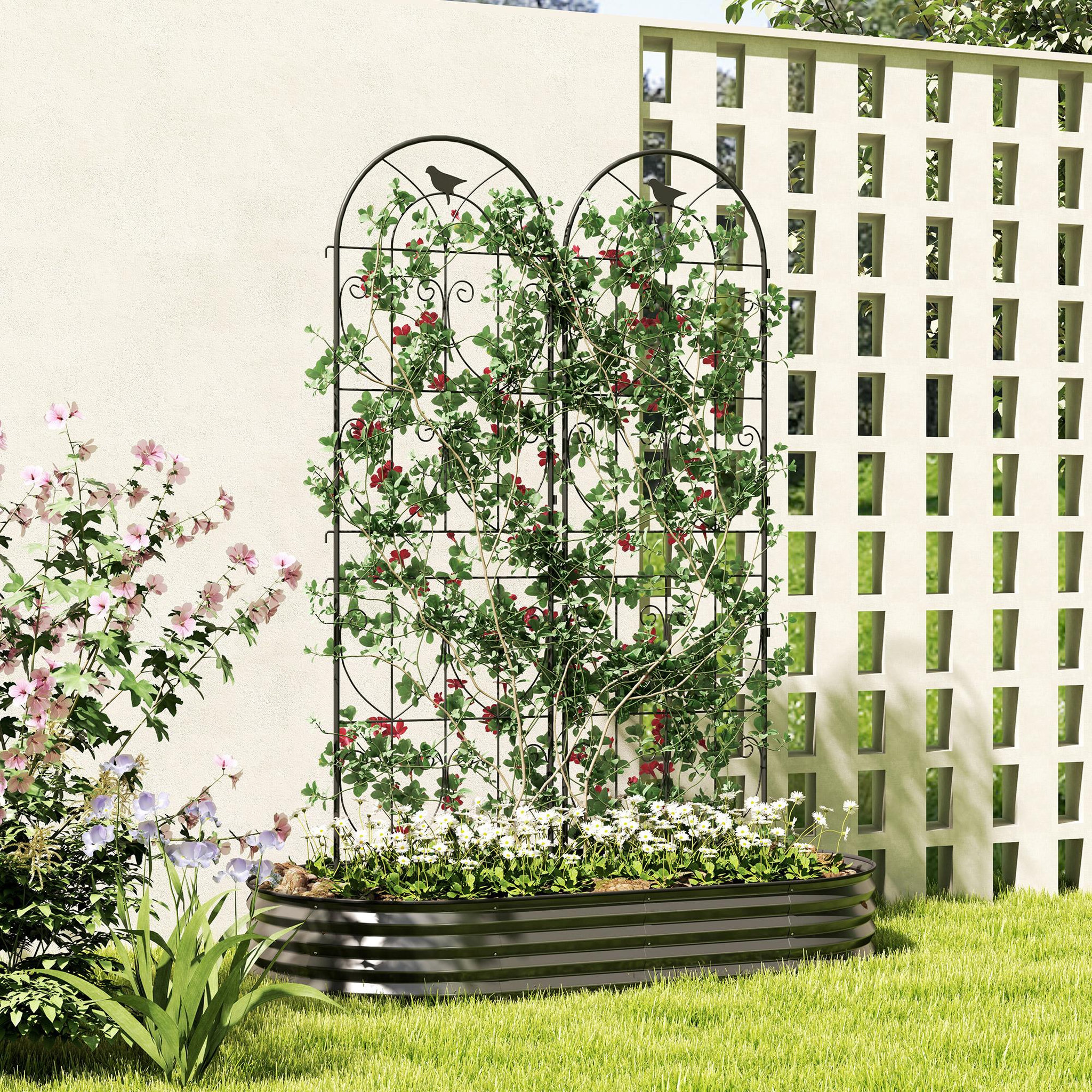 Voir la diapositive 2 : OUTSUNNY Treillis de jardin effet fer forgé oiseau - 2 supports plantes grimpantes - 50 x 180 cm - métal époxy noir