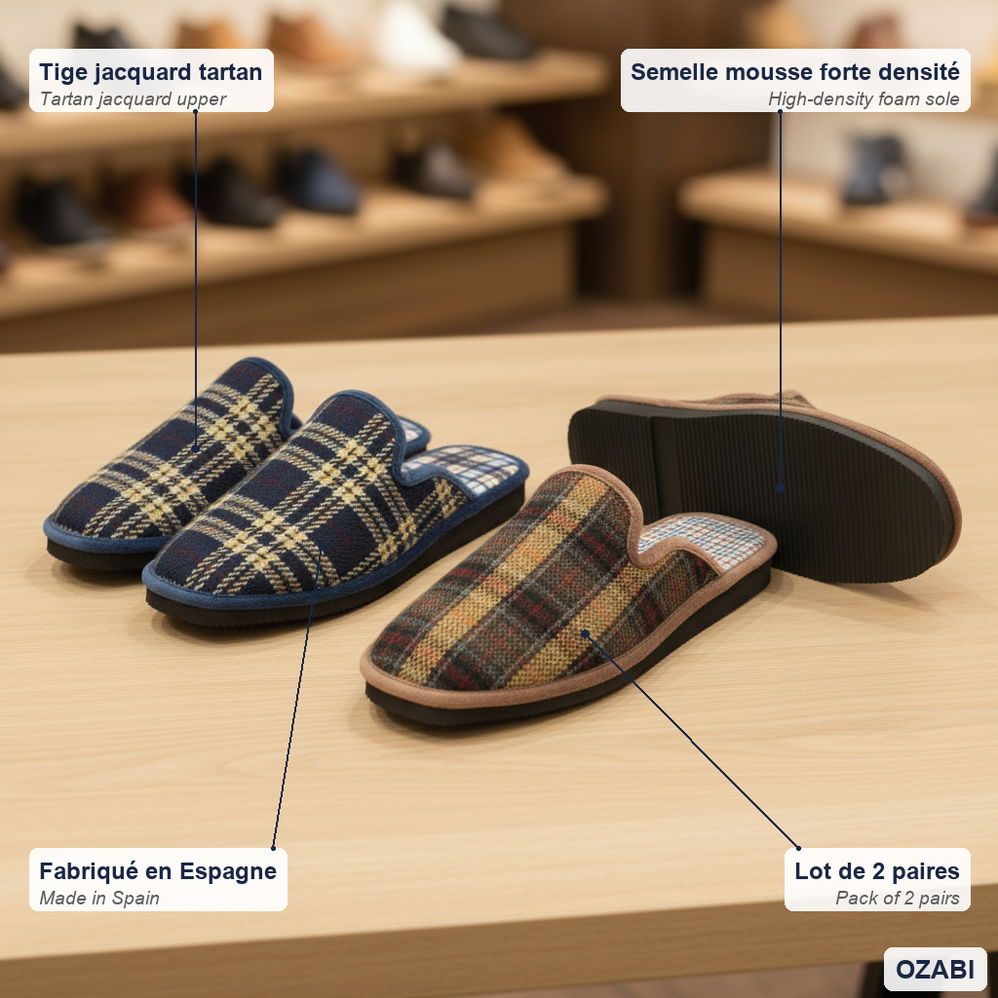 Voir la diapositive 5 : OZABI Ozabi pack de 2 paires pantoufles mules homme fabriquées en espagne