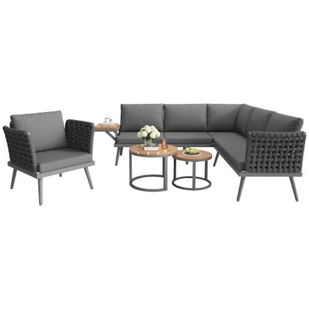 MERAX Salon de jardin 6 places en métal avec canapé d'angle, 2 tables basses en bois, fauteuils et coussins