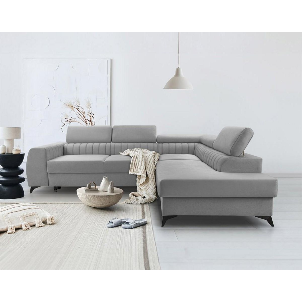 BEST MOBILIER Aneta - canapé d'angle droit 5 places - convertible avec coffre et têtières - en velours