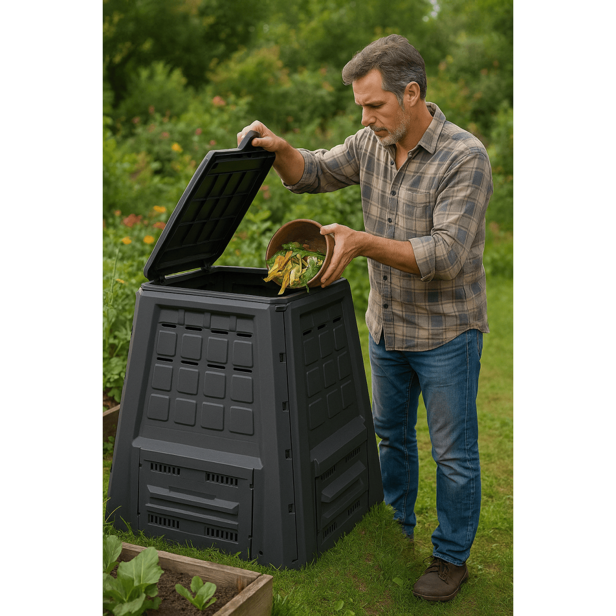 Voir la diapositive 6 : INTEC Composteur de jardin 380l anthracite déchets verts couvercle et trappe d'extraction intec