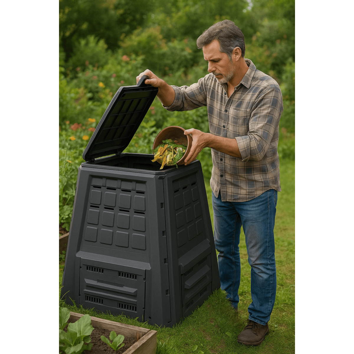 INTEC Composteur de jardin 380L Anthracite Déchets verts Couvercle et trappe d'extraction INTEC