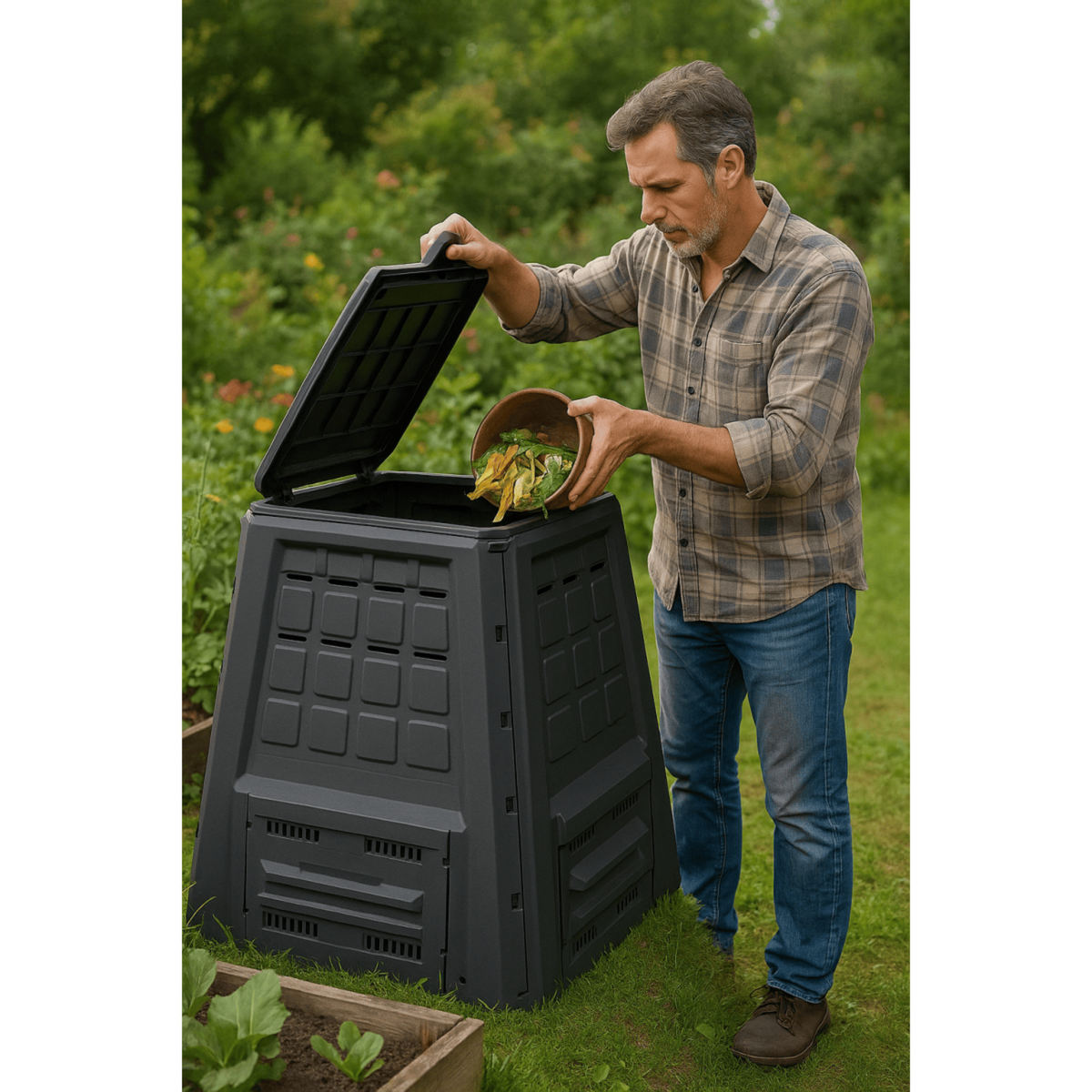 INTEC Composteur de jardin 380L Anthracite Déchets verts Couvercle et trappe d'extraction INTEC