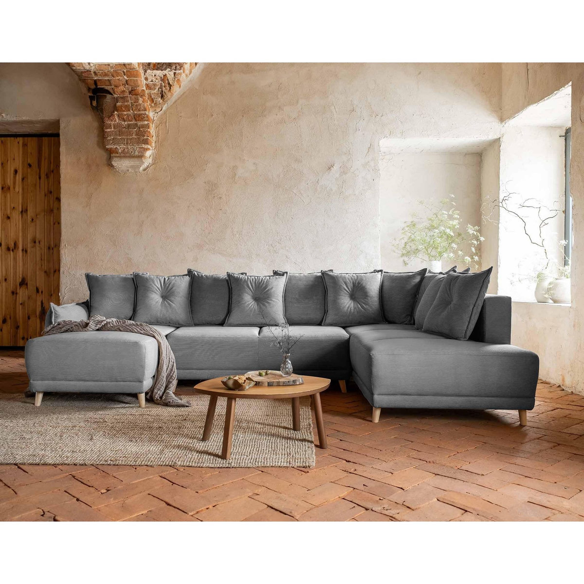 BEST MOBILIER Lena - canapé panoramique d'angle droit 7 places - convertible avec coffre - en velours côtelé