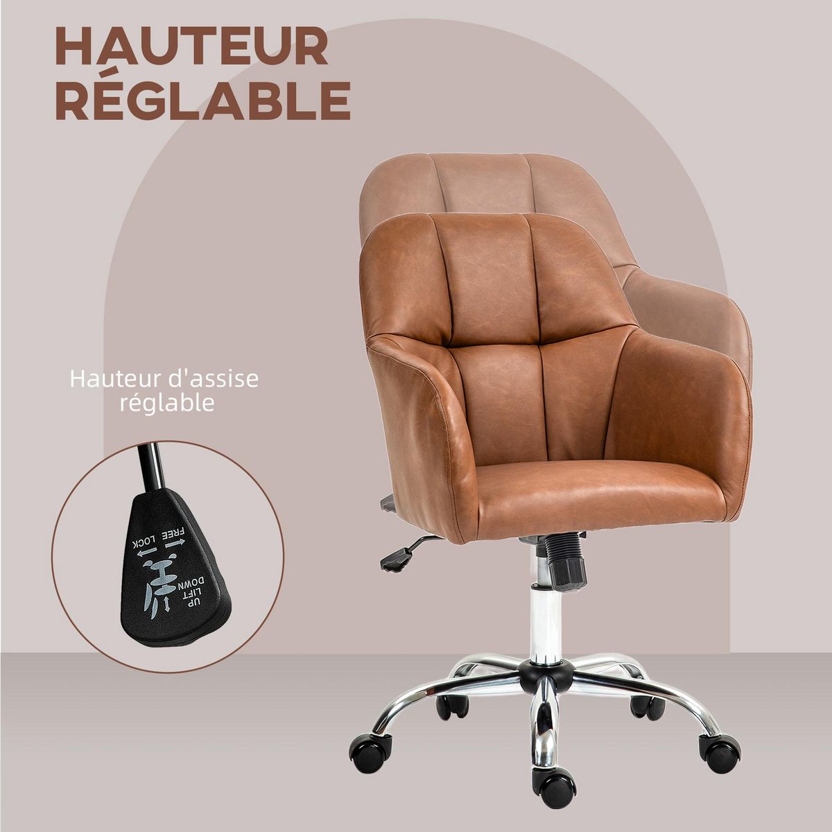 HOMCOM Chaise de bureau manager ergonomique style Chesterfield métal chromé synthétique camel