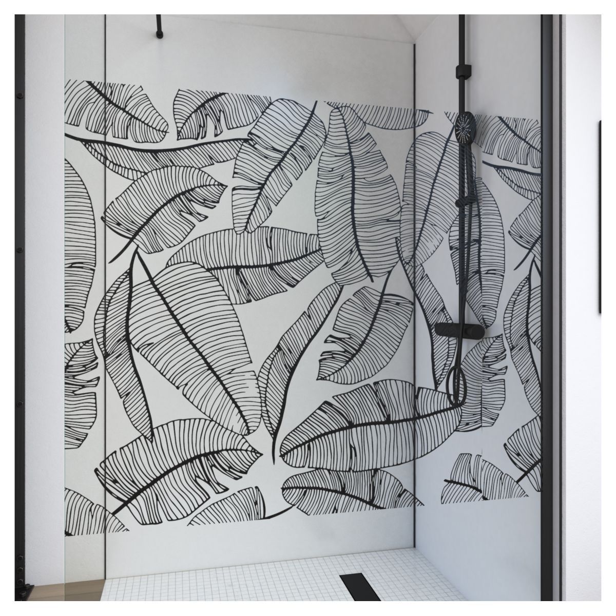 Paroi de douche à l'italienne motif feuillage noir 120x195 cm - JUNGLE 120