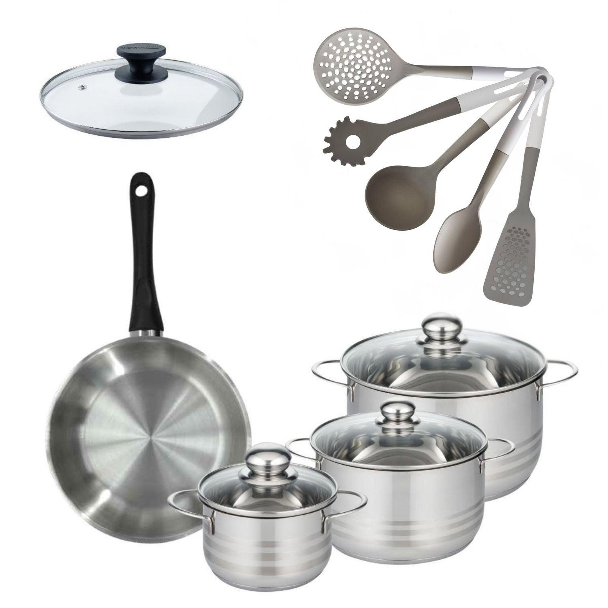 Fackelmann Batterie de cuisine généva brillant vario : 3 faitouts 16/20/24 cm et 1 poêle 24 cm avec 6 ustensiles de cuisine couvercles inclus fackelmann généva brillant vario avec couvercles