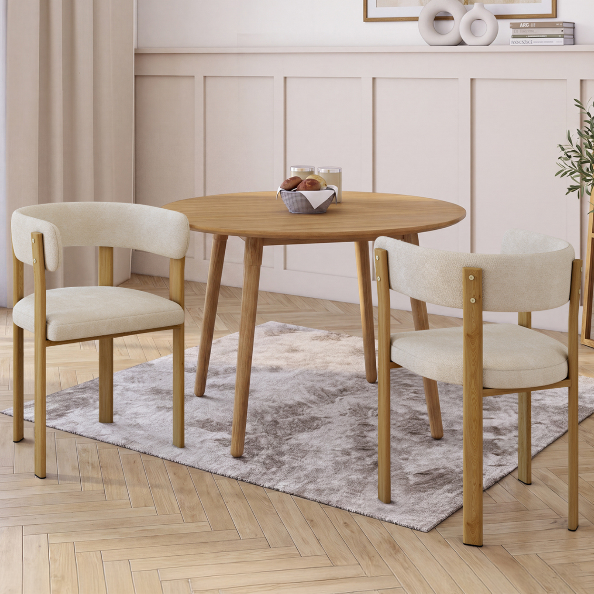 Voir la diapositive 2 : ID MARKET Lot de 2 chaises, fauteuils de table NELLA en métal effet bois et tissu chenille beige pour salle à manger