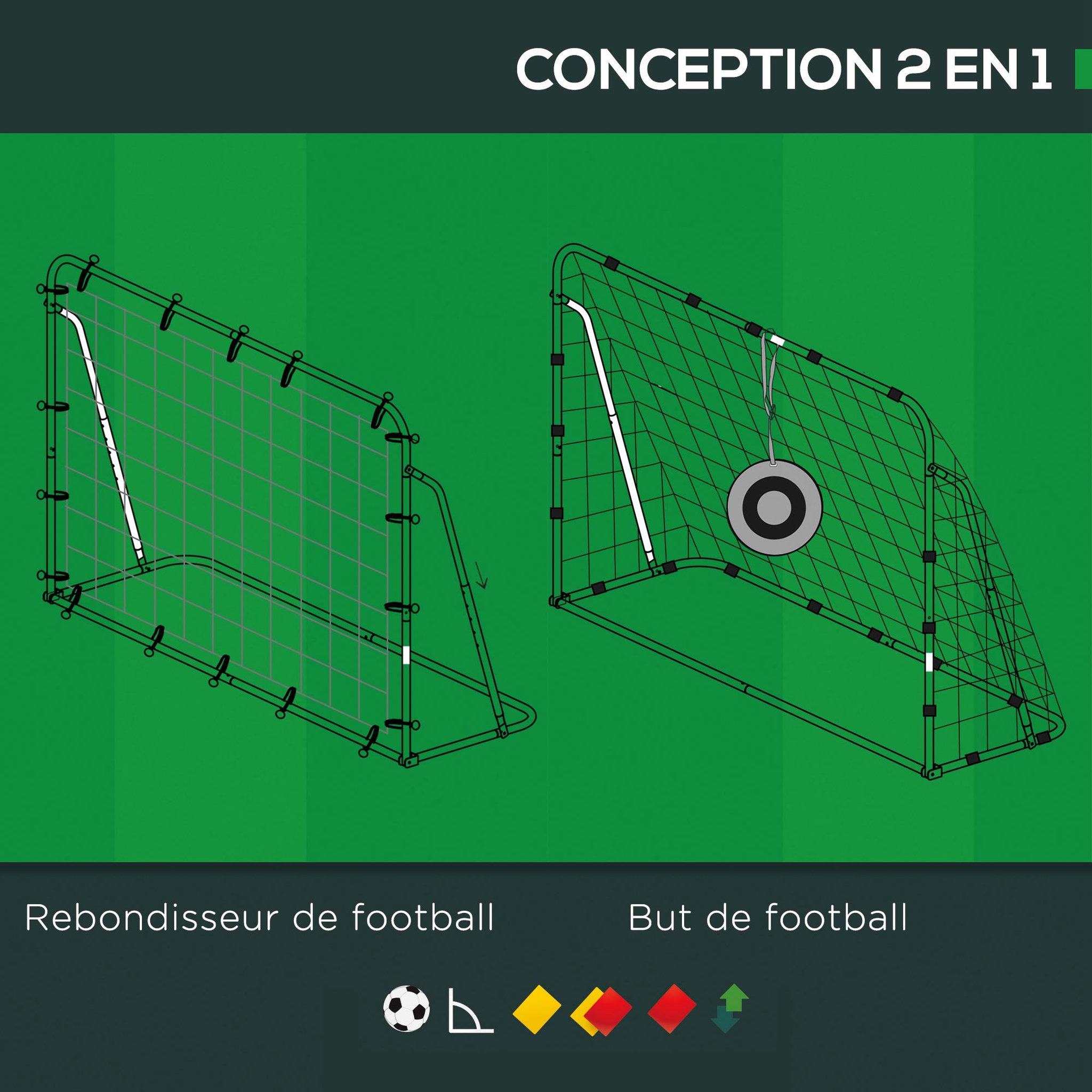Voir la diapositive 4 : HOMCOM But de football cage de foot but futsal avec cible - dim. 213l x 150l x 100h cm - acier pe noir