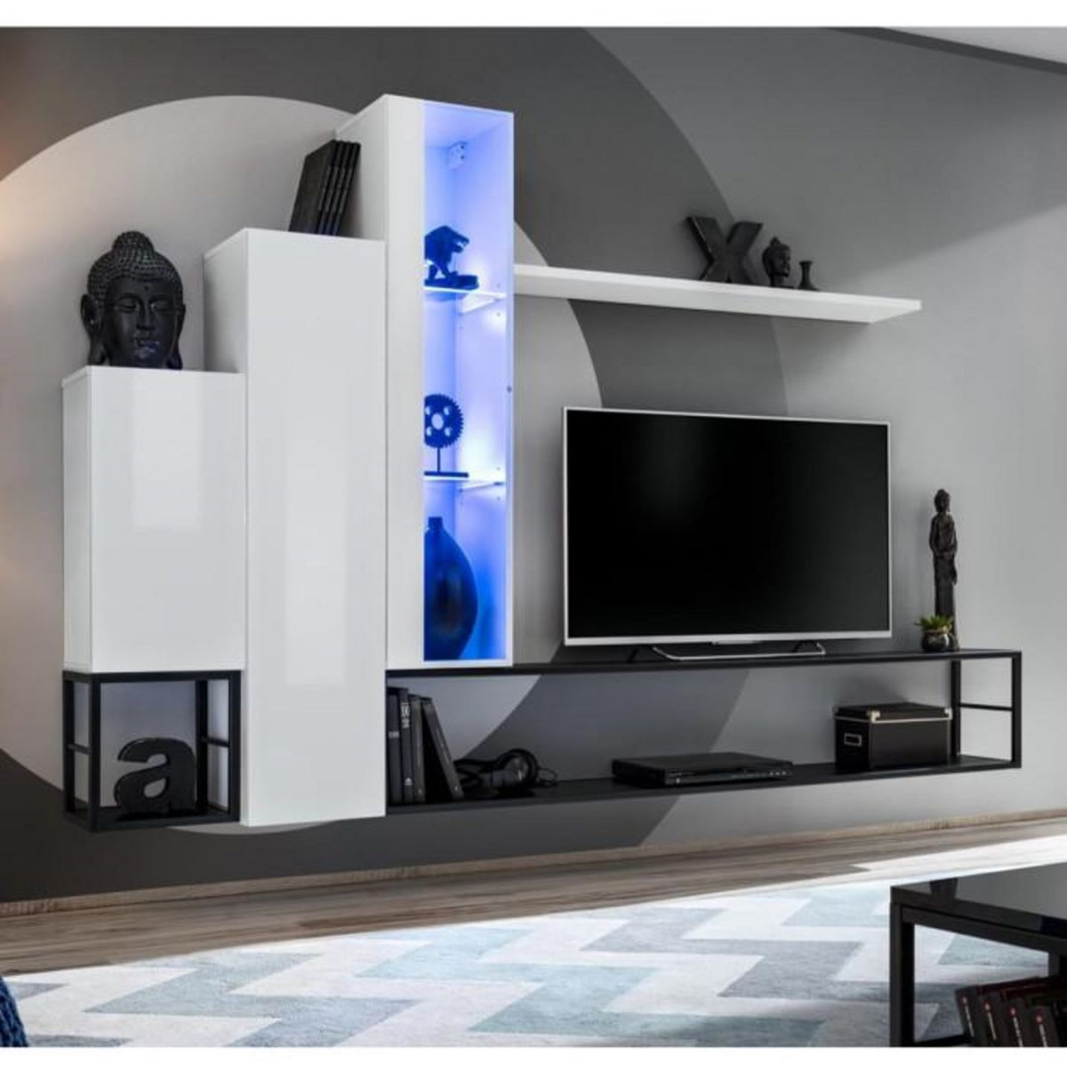 Paris Prix Ensemble Meuble TV Design  Switch VIII  240cm Blanc & Noir