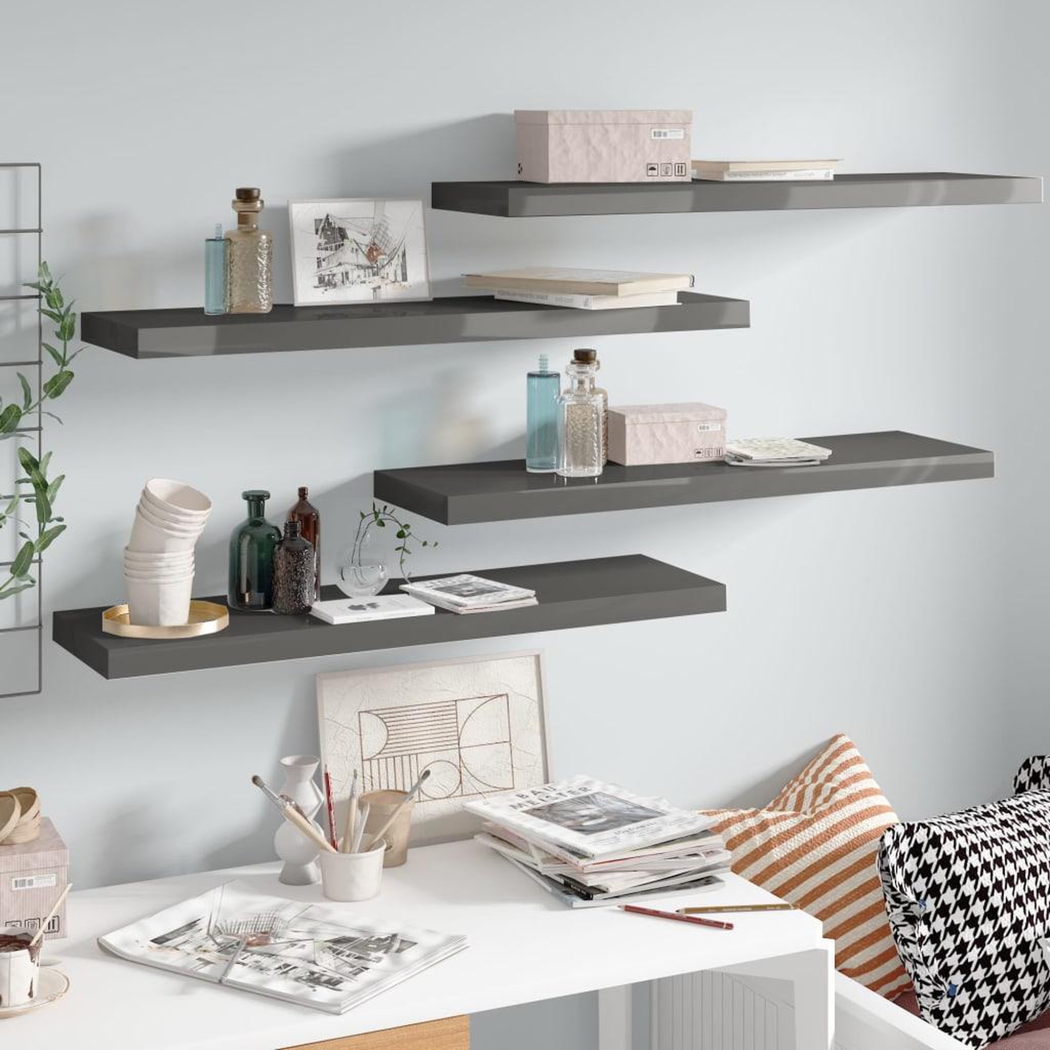 Voir la diapositive 1 : VIDAXL Etagere murale flottante 4 pcs Gris brillant 90x23,5x3,8 cm MDF