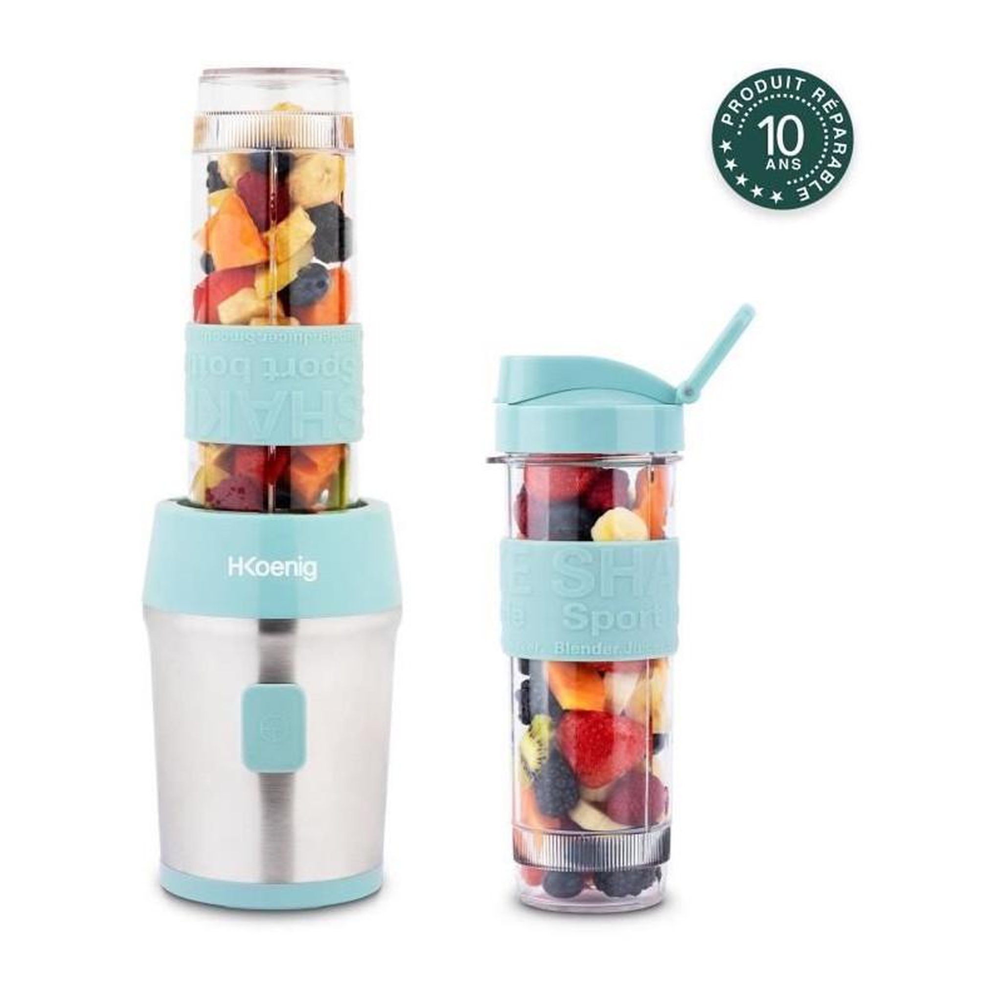 Voir la diapositive 3 : HKOENIG Mini blender - SMOO16 - 300 W - 570 mL - Bleu pastel - 2 gourdes incluses