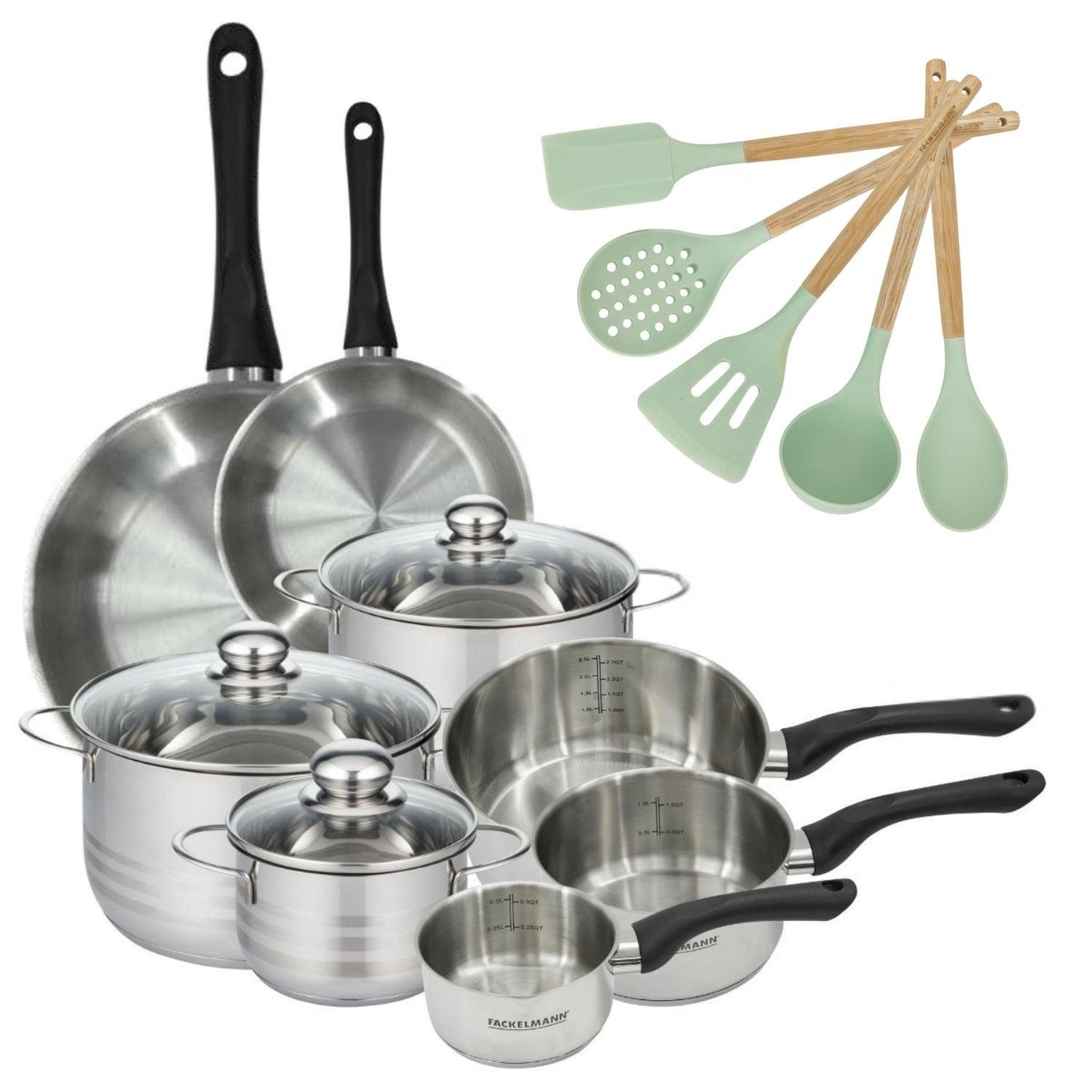Fackelmann Batterie de 2 poêles 20/28 cm 3 faitouts 16/20/24 cm et 3 casseroles 12/16/20 cm et 5 ustensiles fackelmann geneva