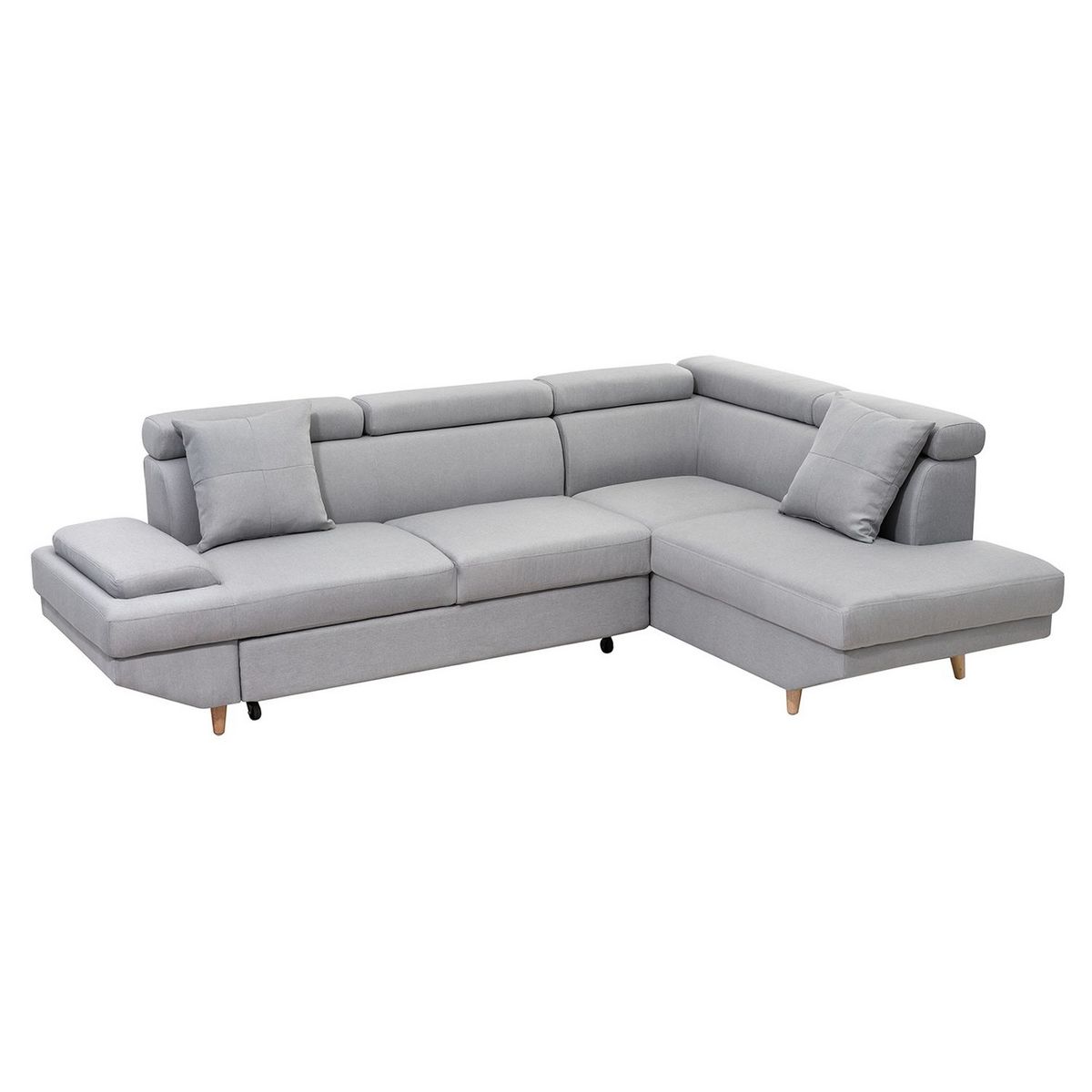 Canapé d'angle droit convertible 5 places tissu pieds bois clair MARIUS 