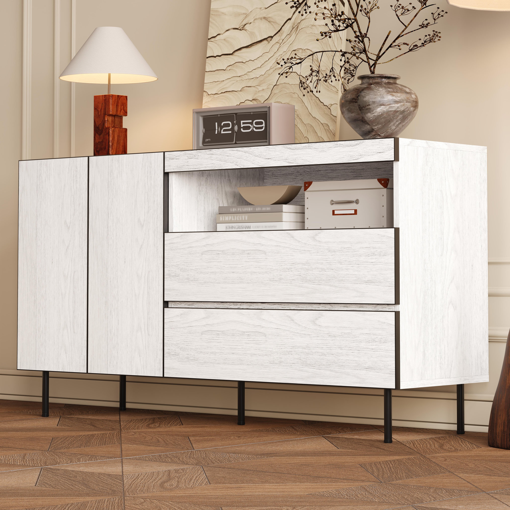 Voir la diapositive 4 : MERAX Buffet 2 porte(s) 2 tiroir(s) - 140 cm blanc panneau de particules