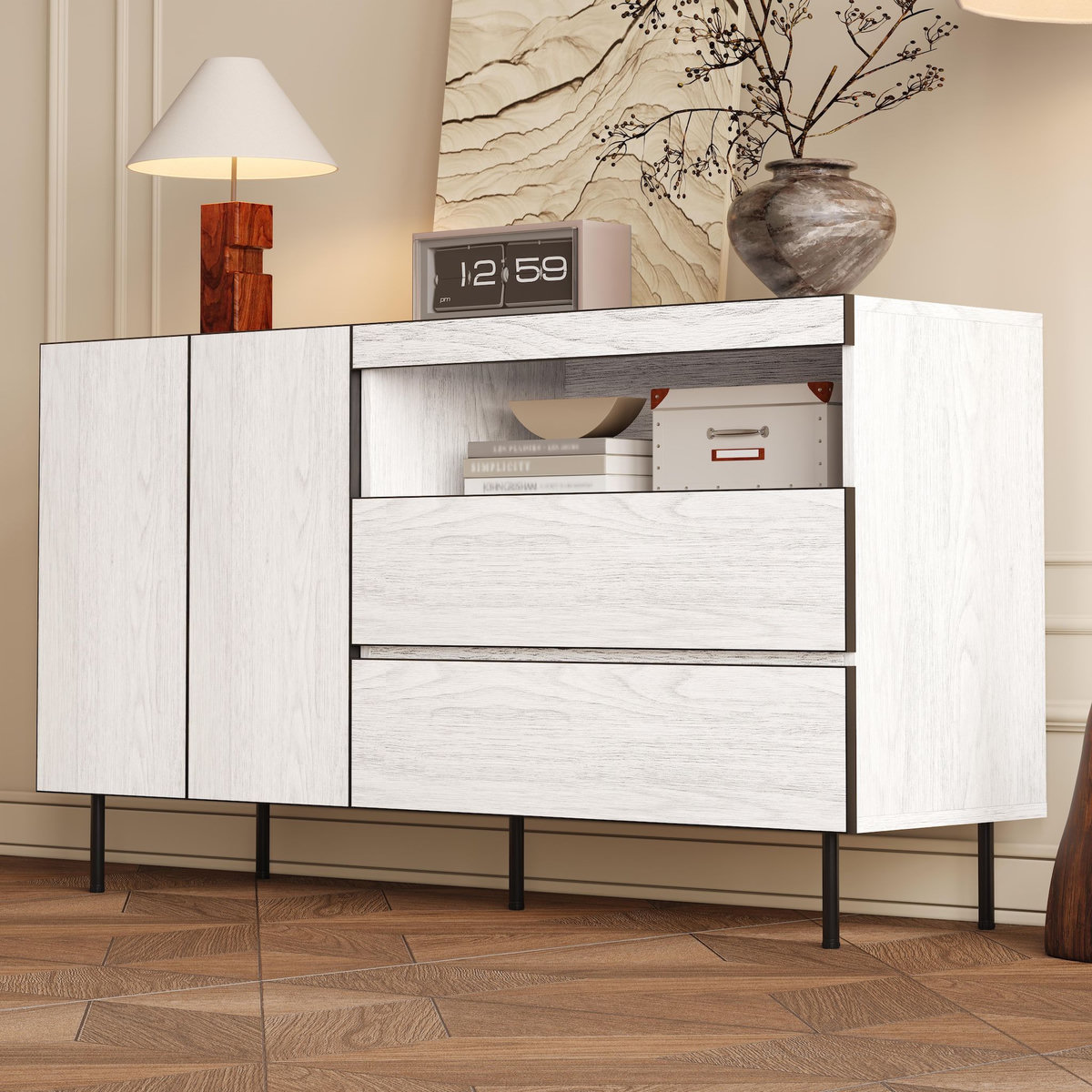 MERAX Buffet 2 porte(s) 2 tiroir(s) - 140 cm blanc panneau de particules
