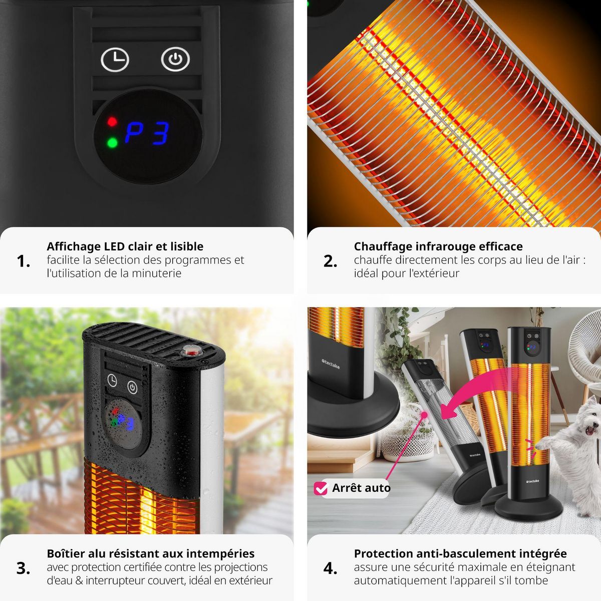 tectake Radiateur infrarouge 3 niveaux de puissance 500, 1000 et 1500 W noir