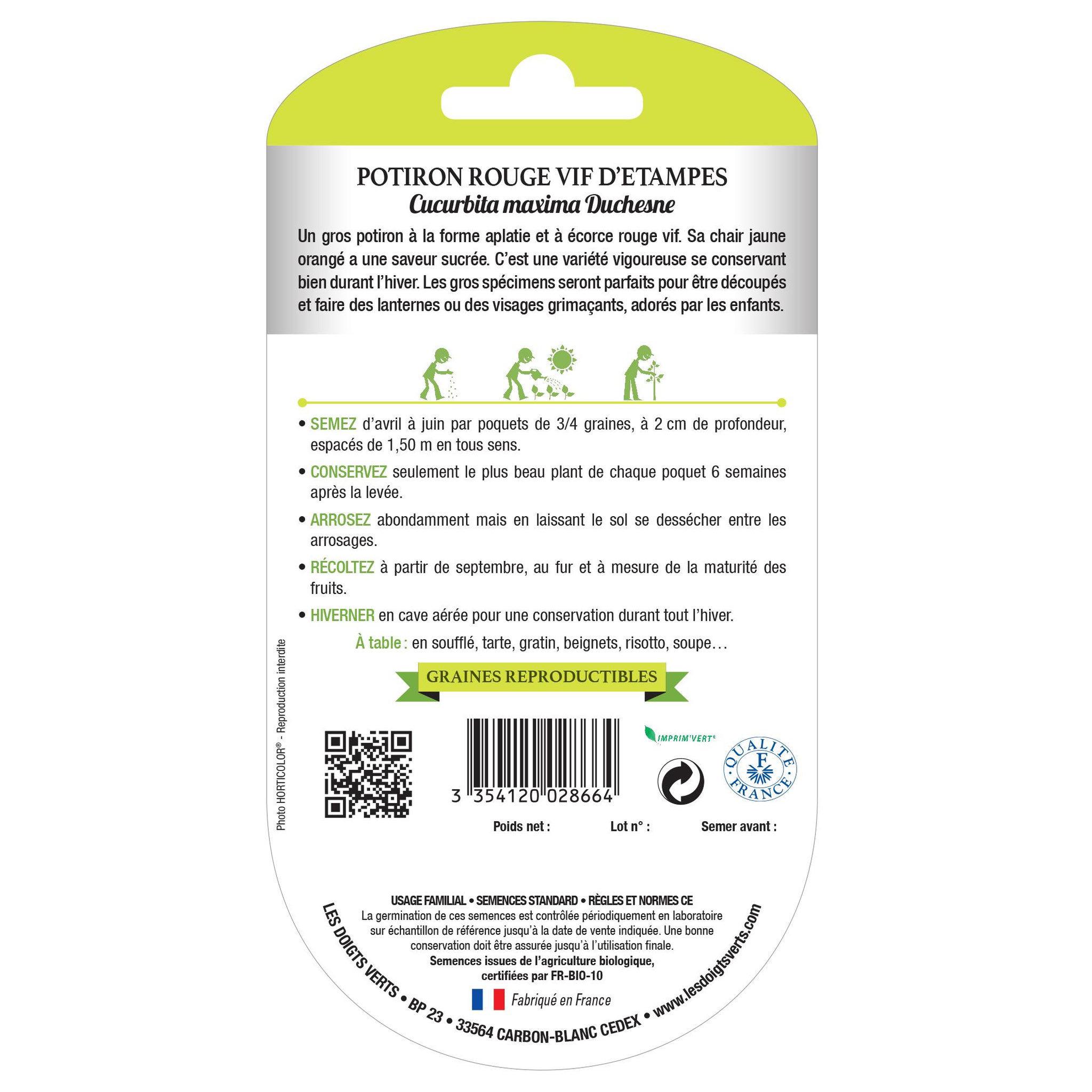 Voir la diapositive 2 : LES DOIGTS VERTS Graines potiron rouge vif d'Étampes BIO Les Doigts verts
