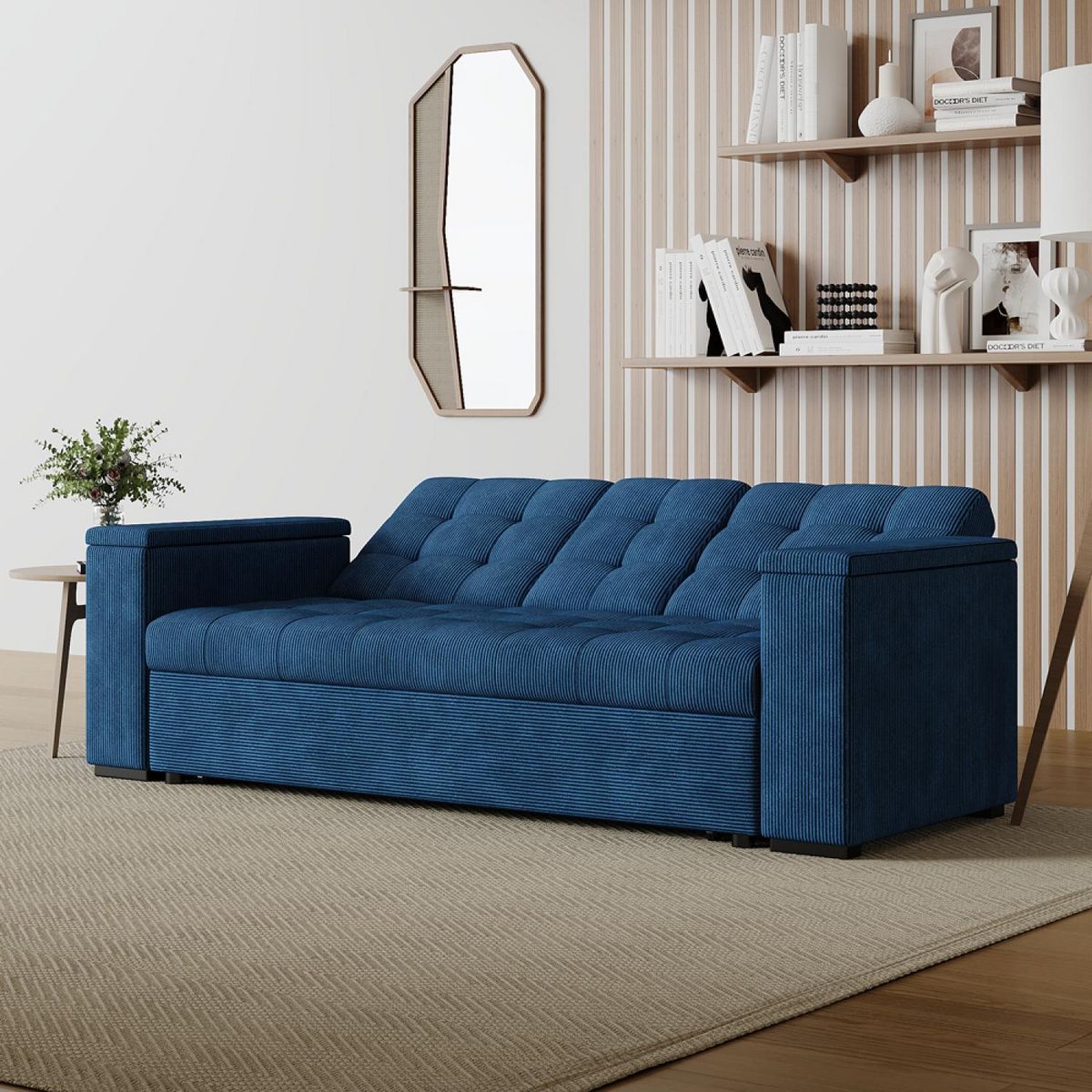 CONCEPT USINE Canapé 3 places convertibles bleu velours côtelé NOHO