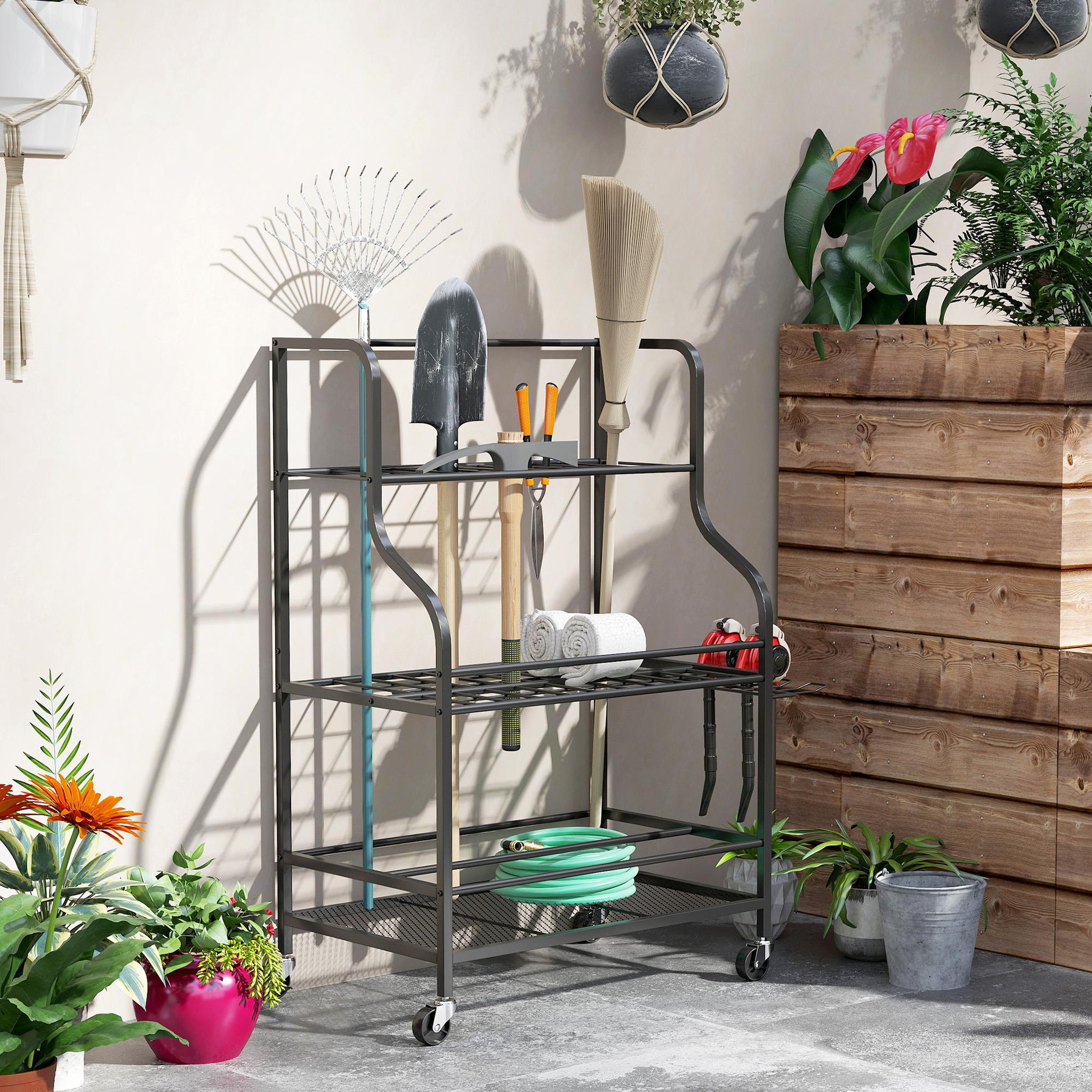 Voir la diapositive 2 : OUTSUNNY Organisateur d'outils de jardin - chariot de jardin - desserte - 5 crochets, 54 compartiments - acier noir