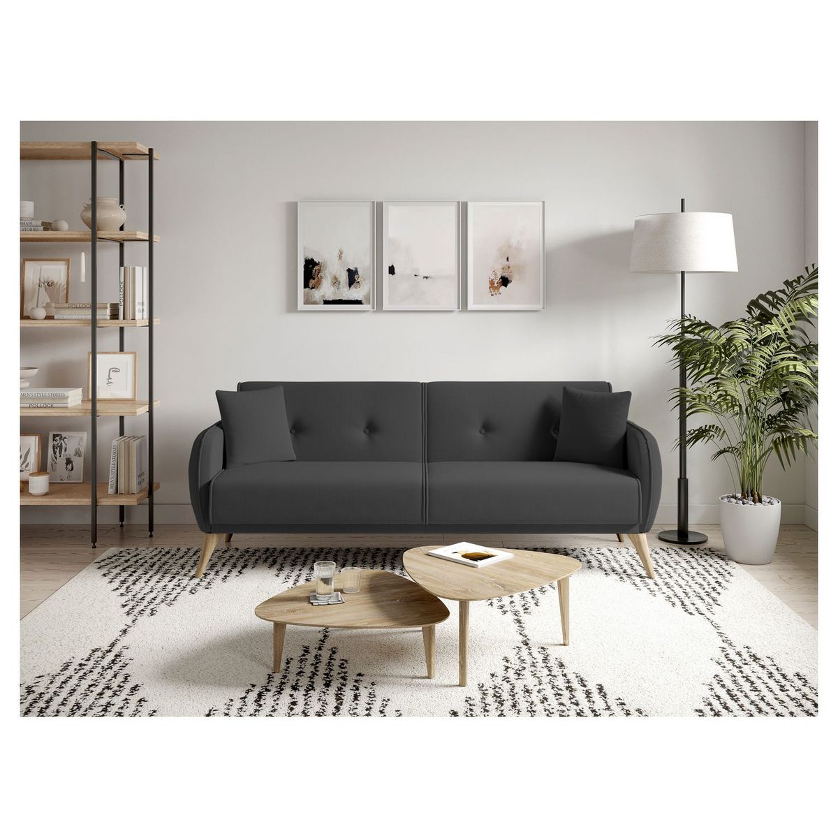 Canapé droit convertible 3 places tissu pieds bois clair BONJO