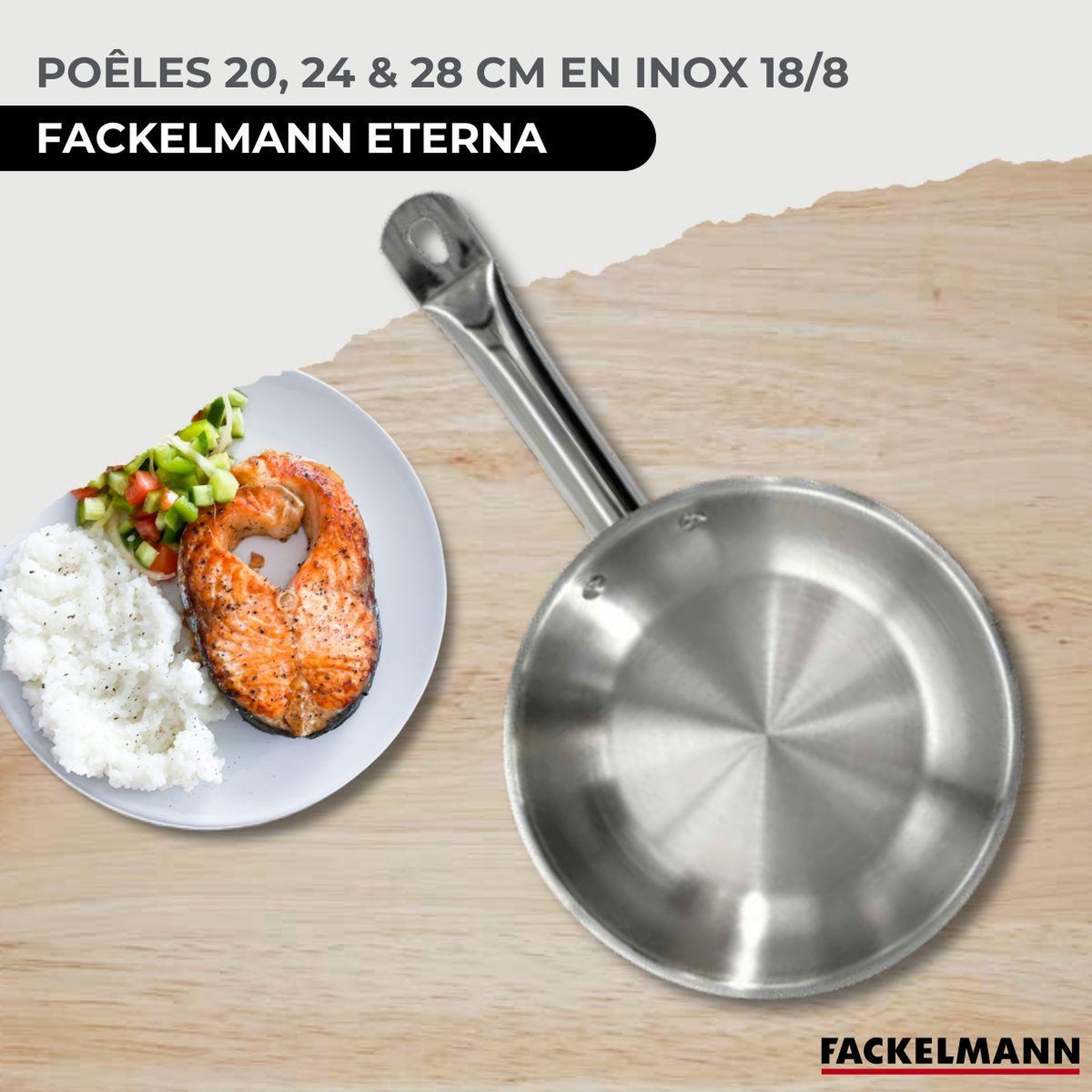 Voir la diapositive 2 : Fackelmann Set de 3 poêles de 20, 24 et 28 cm en inox et 6 ustensiles inox Fackelmann Eterna