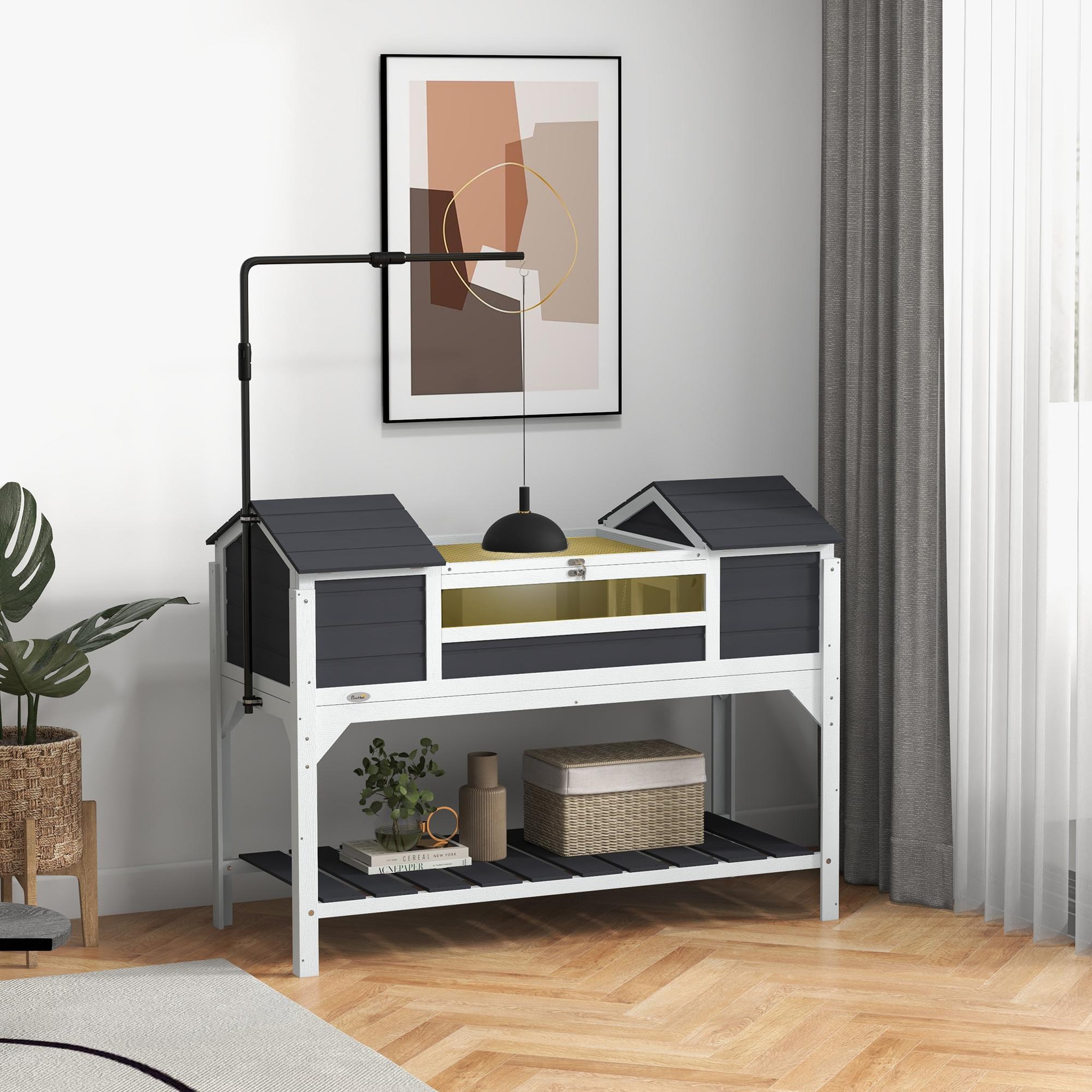 Voir la diapositive 2 : PAWHUT Terrarium maison tortue terrestre - enclos tortue 2 niches, support lampe réglable, toit ouvrable, étagère - bois blanc gris
