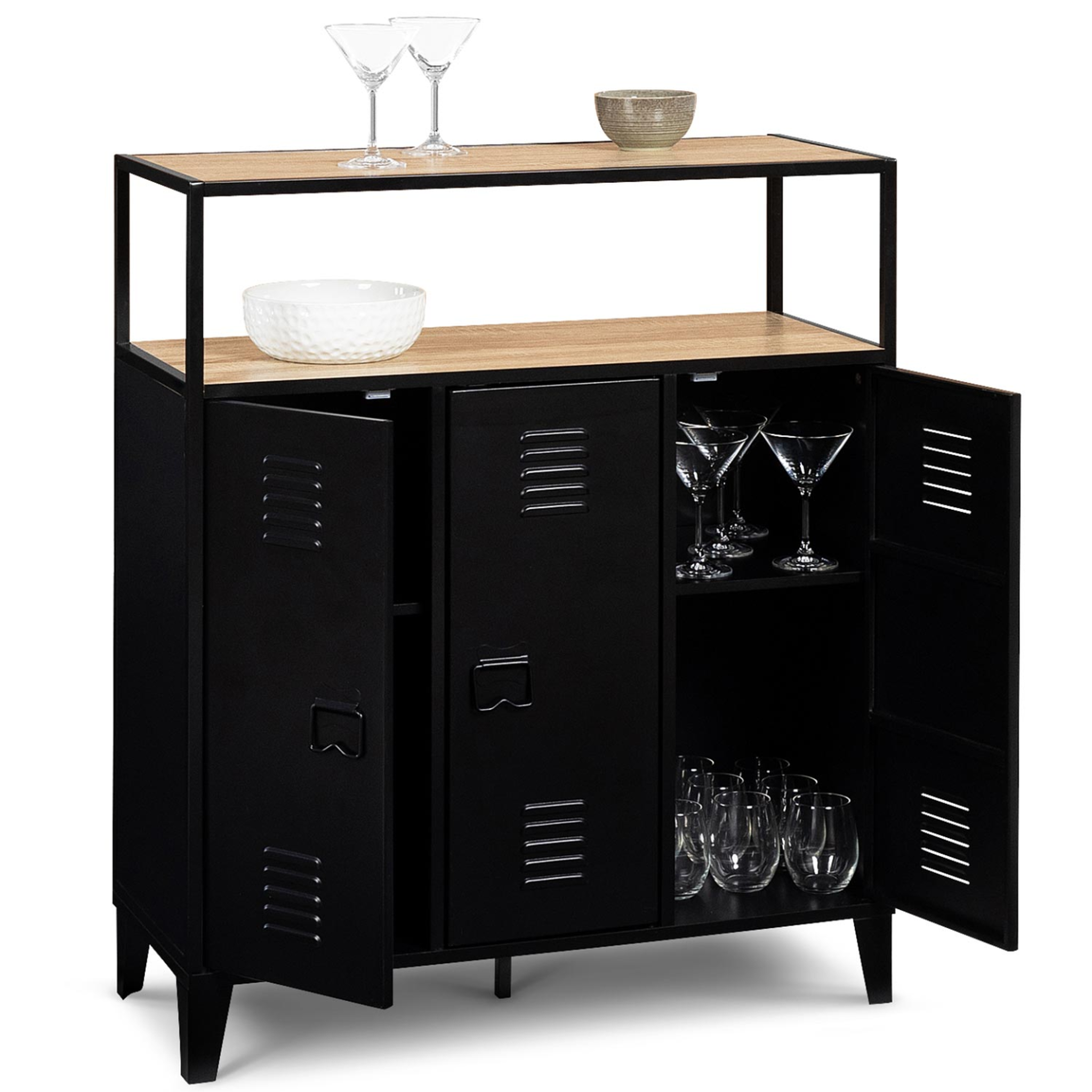 Voir la diapositive 4 : ID MARKET Meuble de bar buffet ester 3 portes en métal noir plateau façon hêtre