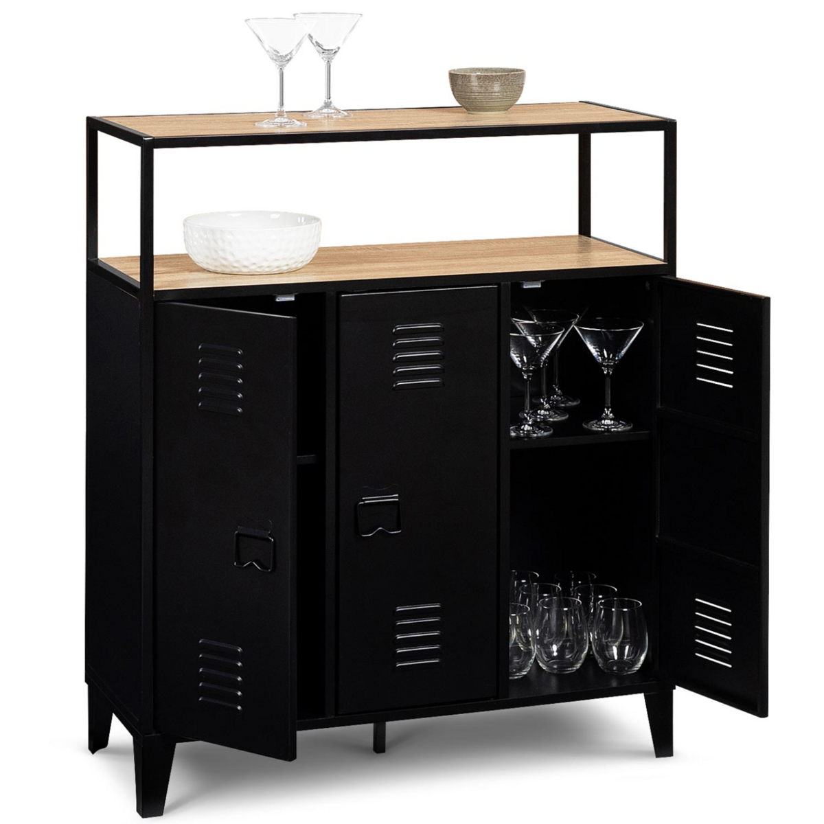 ID MARKET Meuble de bar buffet ESTER 3 portes en métal noir plateau façon hêtre