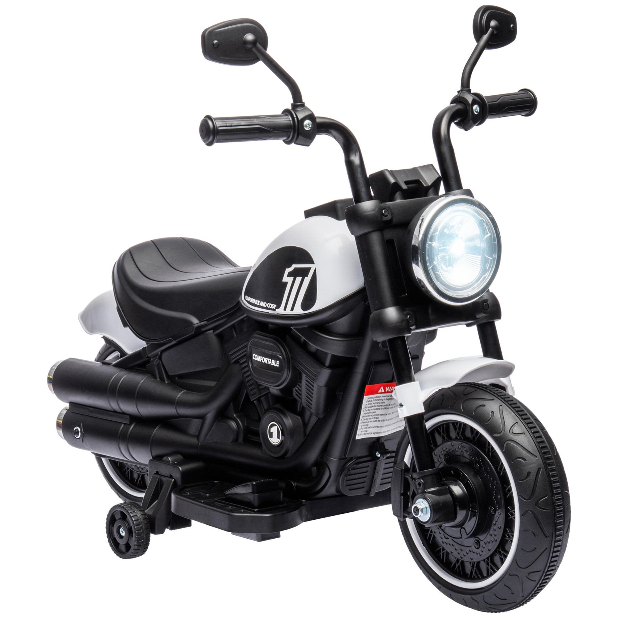 Voir la diapositive 1 : HOMCOM Moto électrique enfant 6 V 3 Km/h effet lumineux roulettes amovibles repose-pied pédale métal PP blanc noir