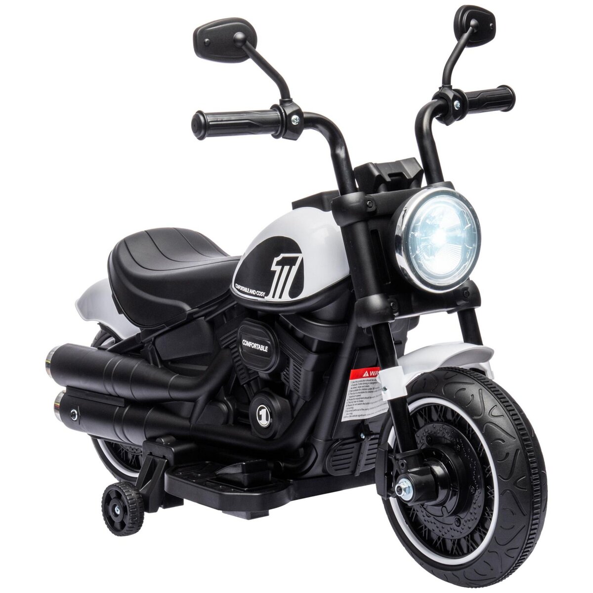 HOMCOM Moto électrique enfant 6 V 3 Km/h effet lumineux roulettes amovibles repose-pied pédale métal PP blanc noir