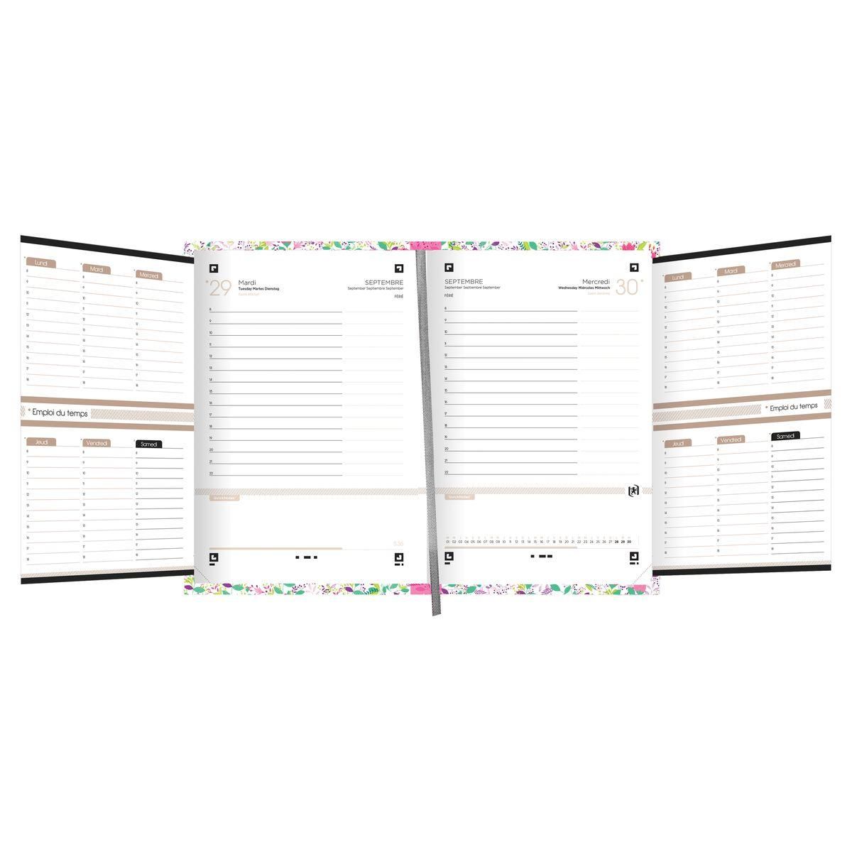OXFORD Agenda scolaire journalier 12x18cm Flowers fleurs rose élastique rose 2023-2024