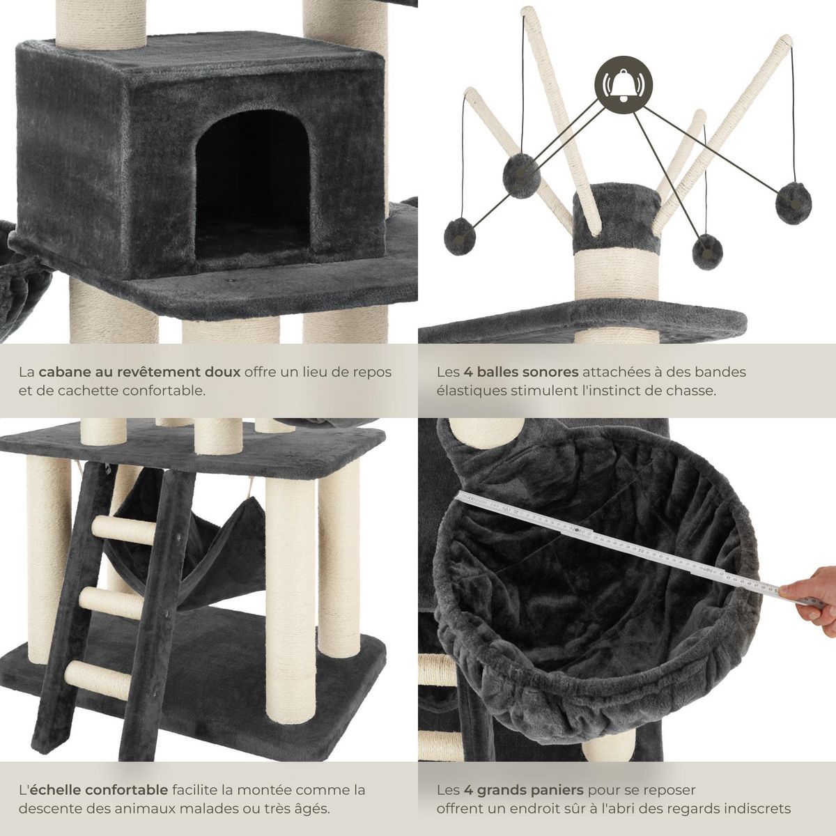 tectake Arbre à chat 195 cm avec griffoir et plateforme d'escalade gris/blanc