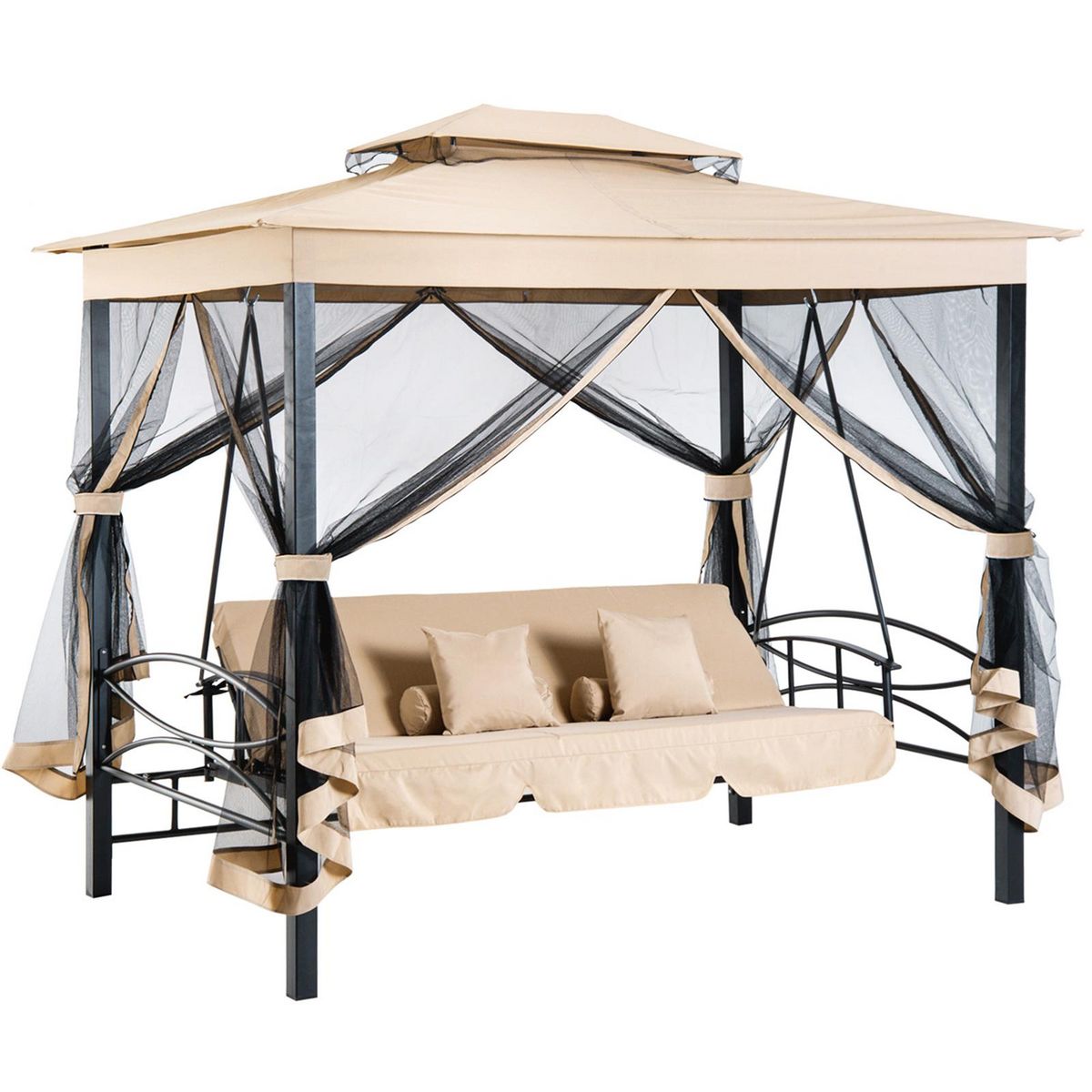 OUTSUNNY Balancelle de jardin 3 places convertible style colonial grand confort 5 coussins + matelas + moustiquaires inclus 2,56L x 1,72l x 2,48H m marron clair