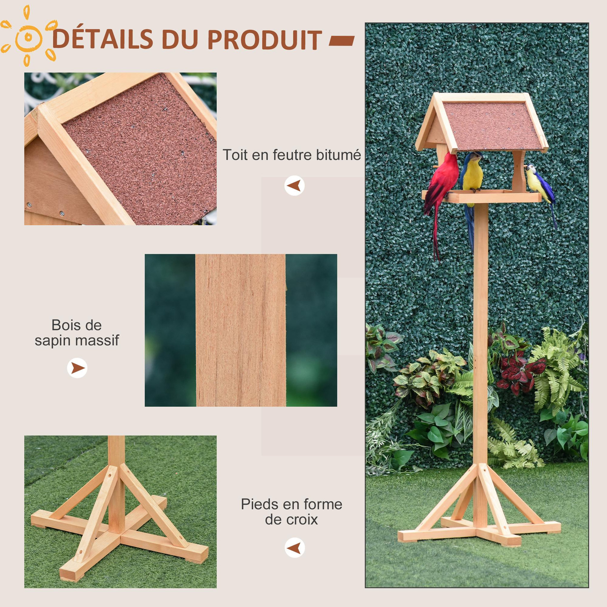 Voir la diapositive 4 : PAWHUT Mangeoire à oiseaux sur pied en bois massif bois naturel