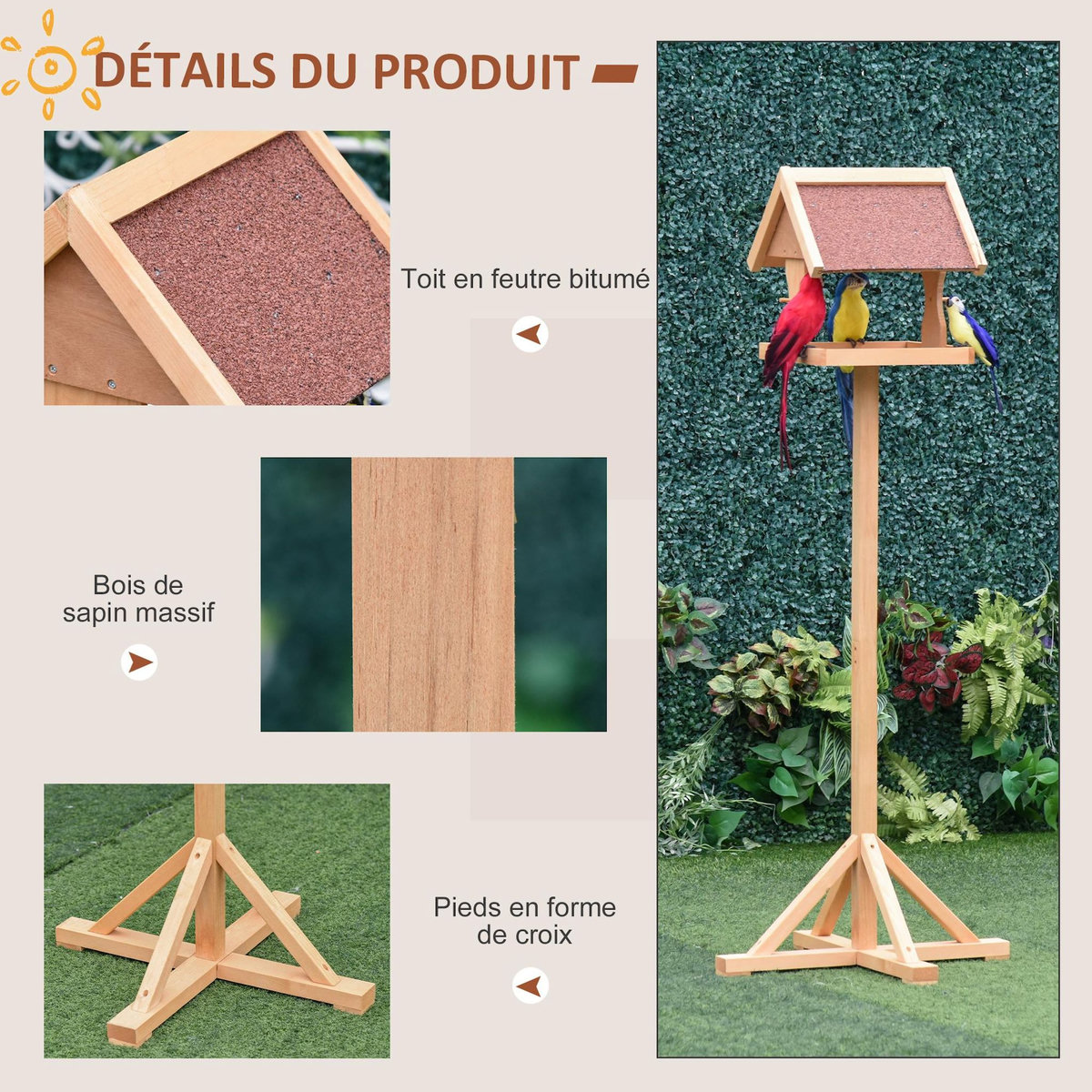 PAWHUT Mangeoire à oiseaux sur pied en bois massif bois naturel