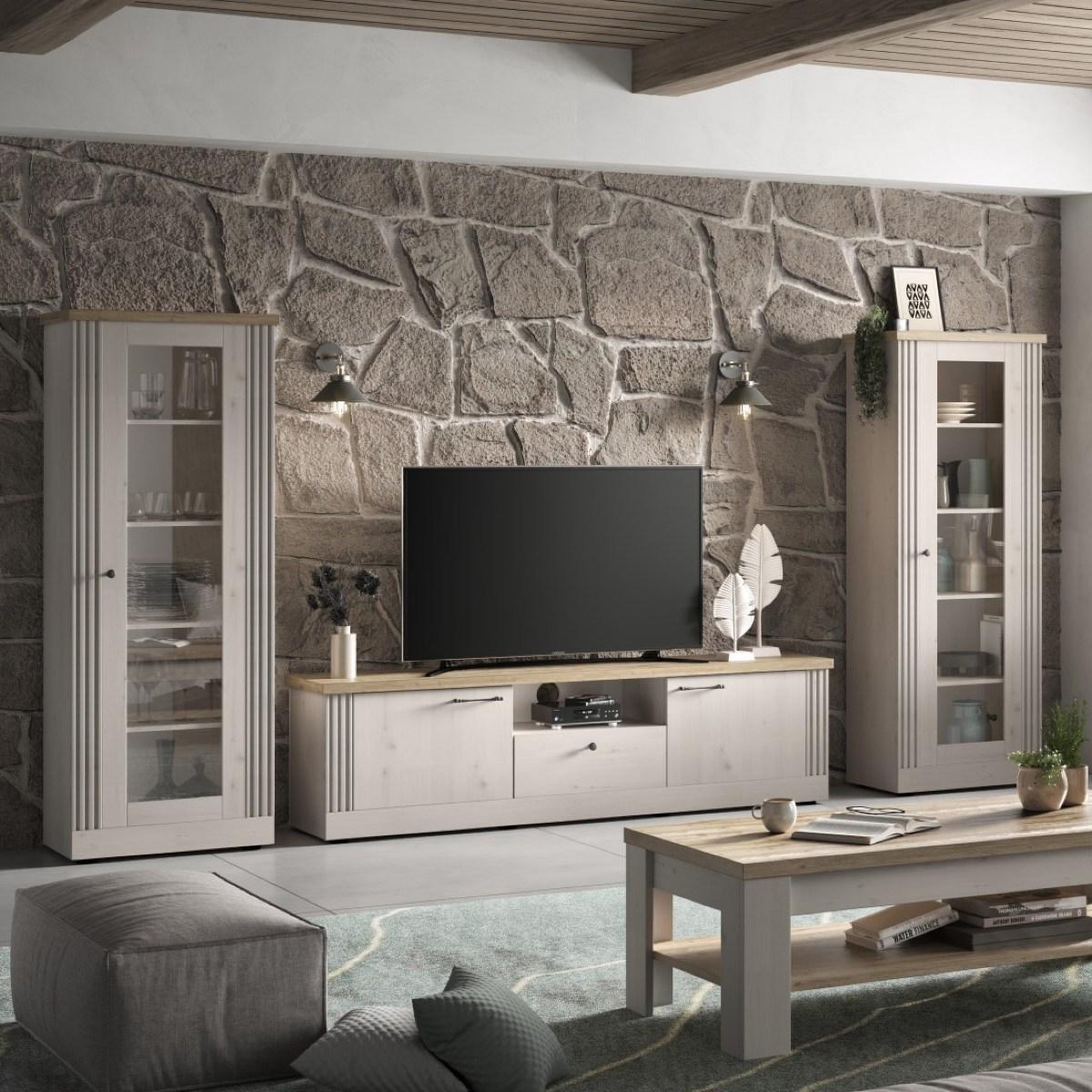 Voir la diapositive 4 : JLC KREATION Vitrine 1 porte vitrée coloris blanc et chêne naturel YANIS