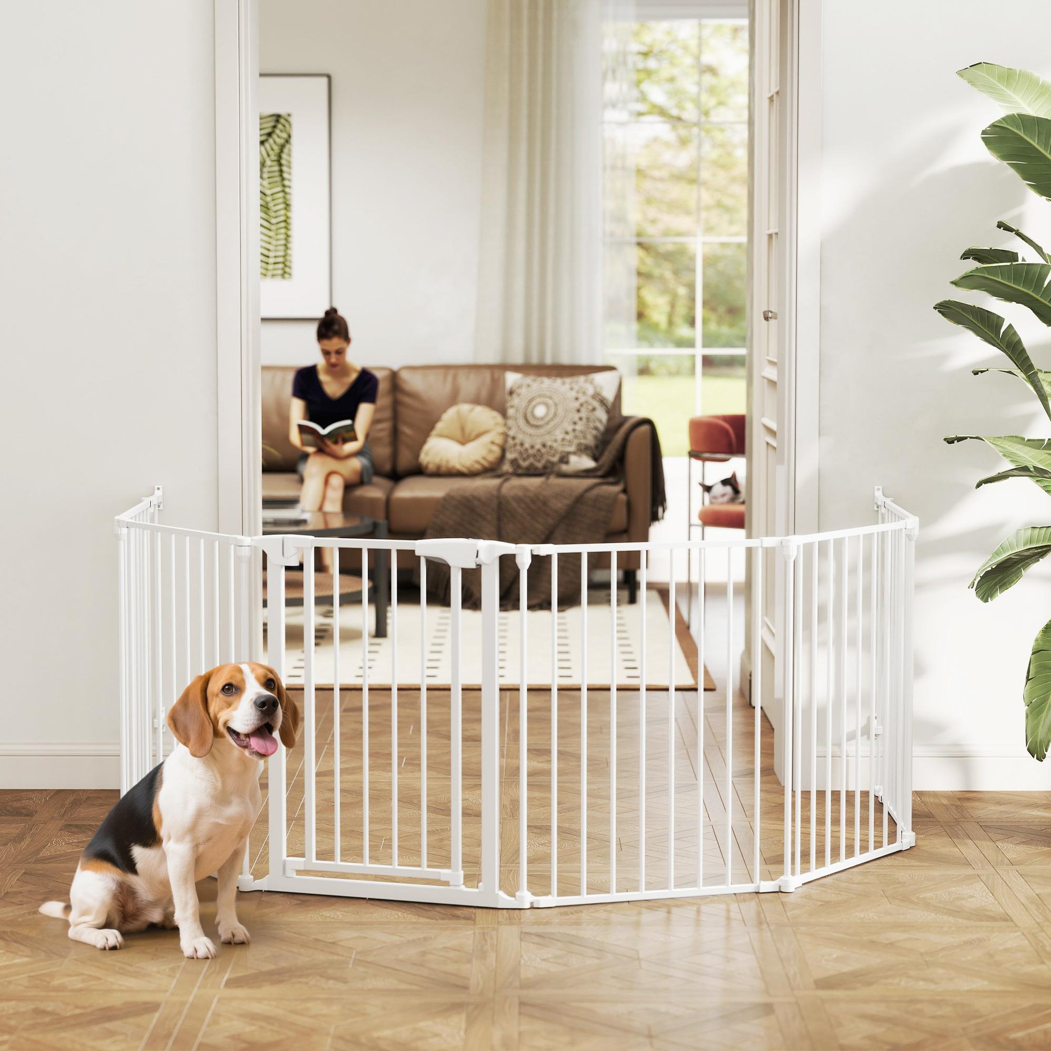 Voir la diapositive 2 : PAWHUT Barrière de sécurité pliable modulable max. L.366cm parc enclos 6 panneaux - porte double verrouillage - acier blanc