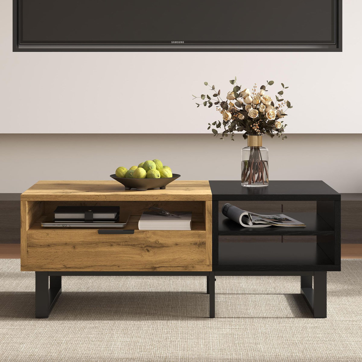 MERAX Table Basse Avec 1 Tiroir Et 3 Niches Bois Et Noir