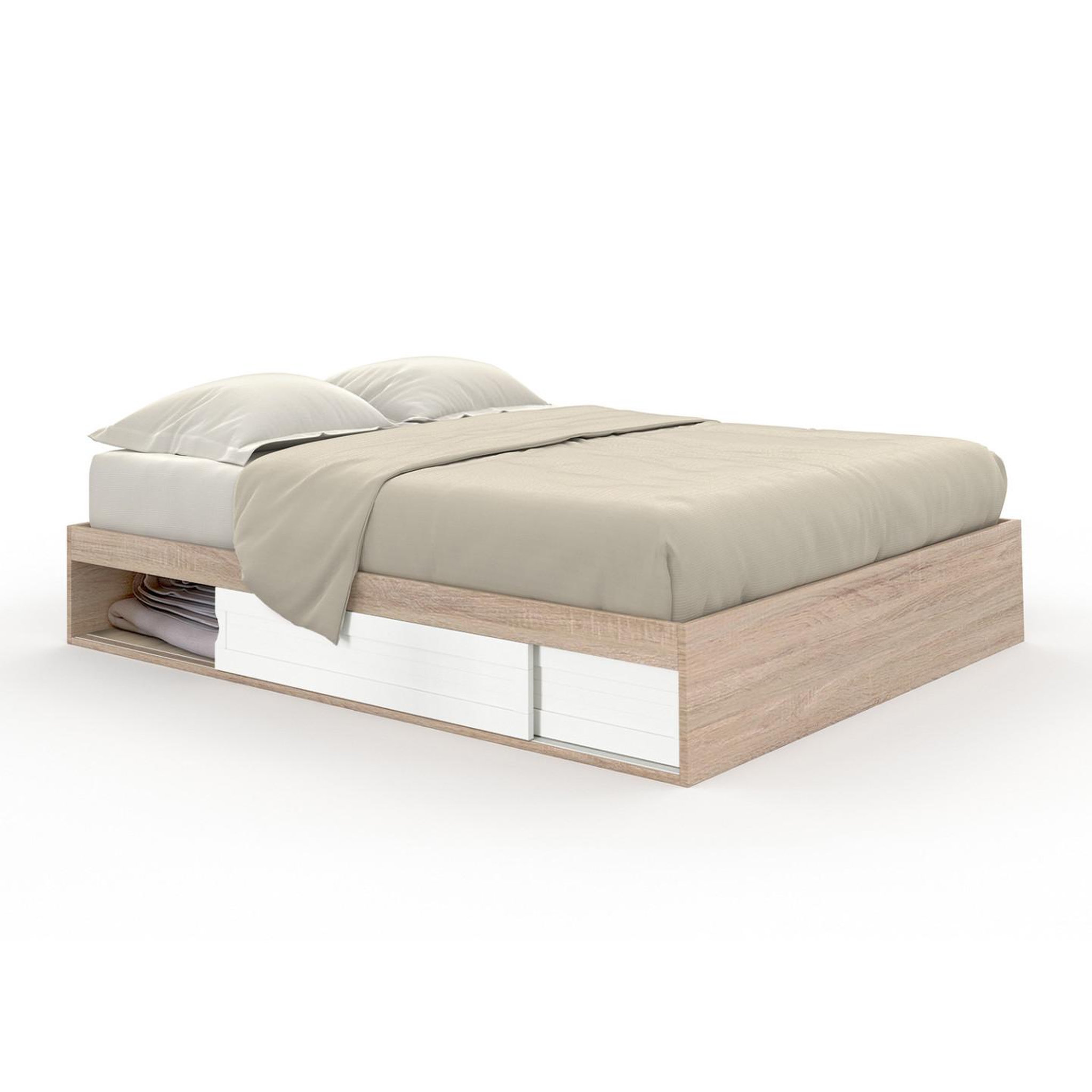 ID MARKET Cadre de lit double salem avec rangements et sommier 160 x 200 cm façon hêtre et blanc